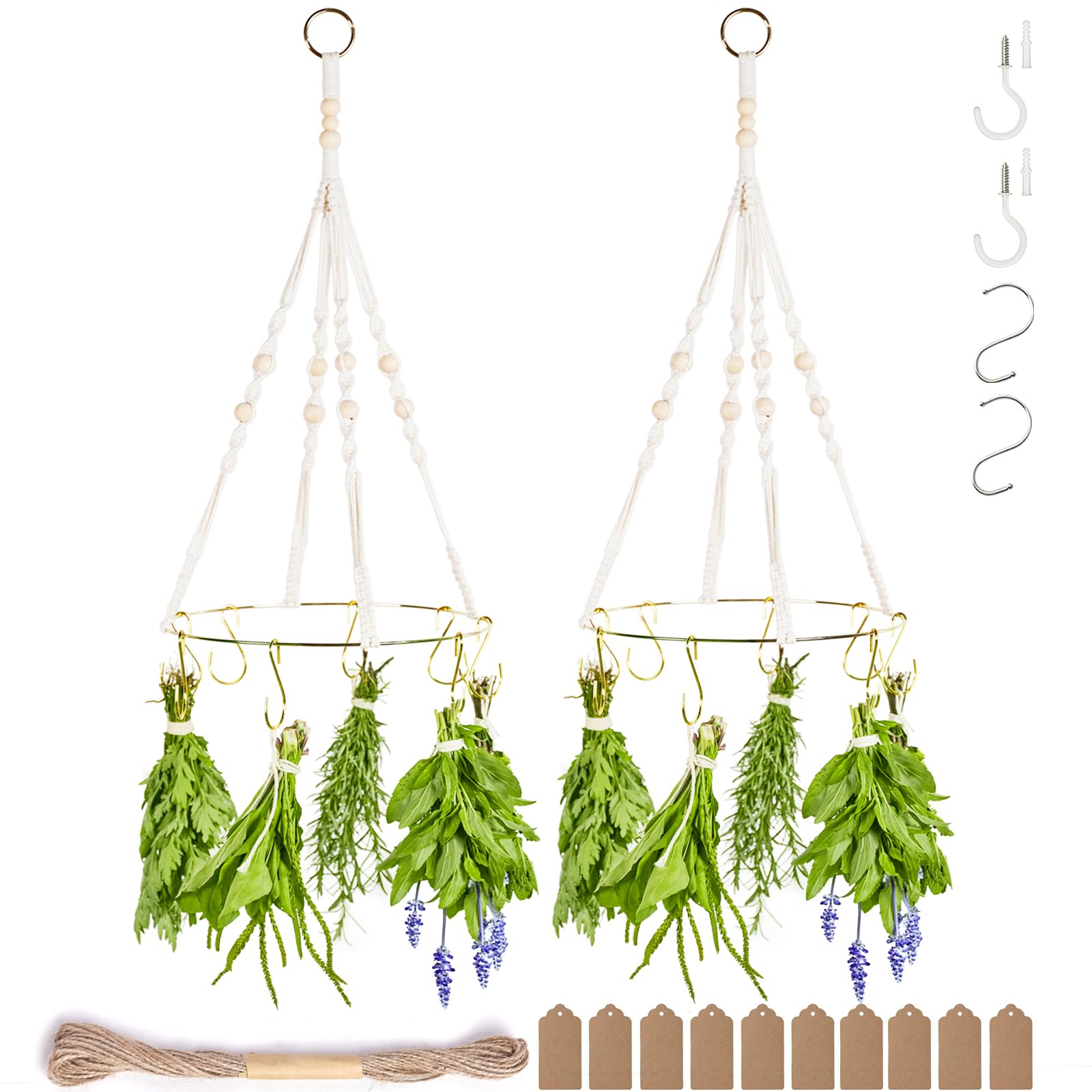 2-Pack Herb Drying Rack with 20 Golden Hooks - Wooden Ball Hanging Herb Dryer for Kitchen, Garden & Herbal Tea Preparation - Perfect for Drying Mint, Basil, Rosemary & Culinary Herbs