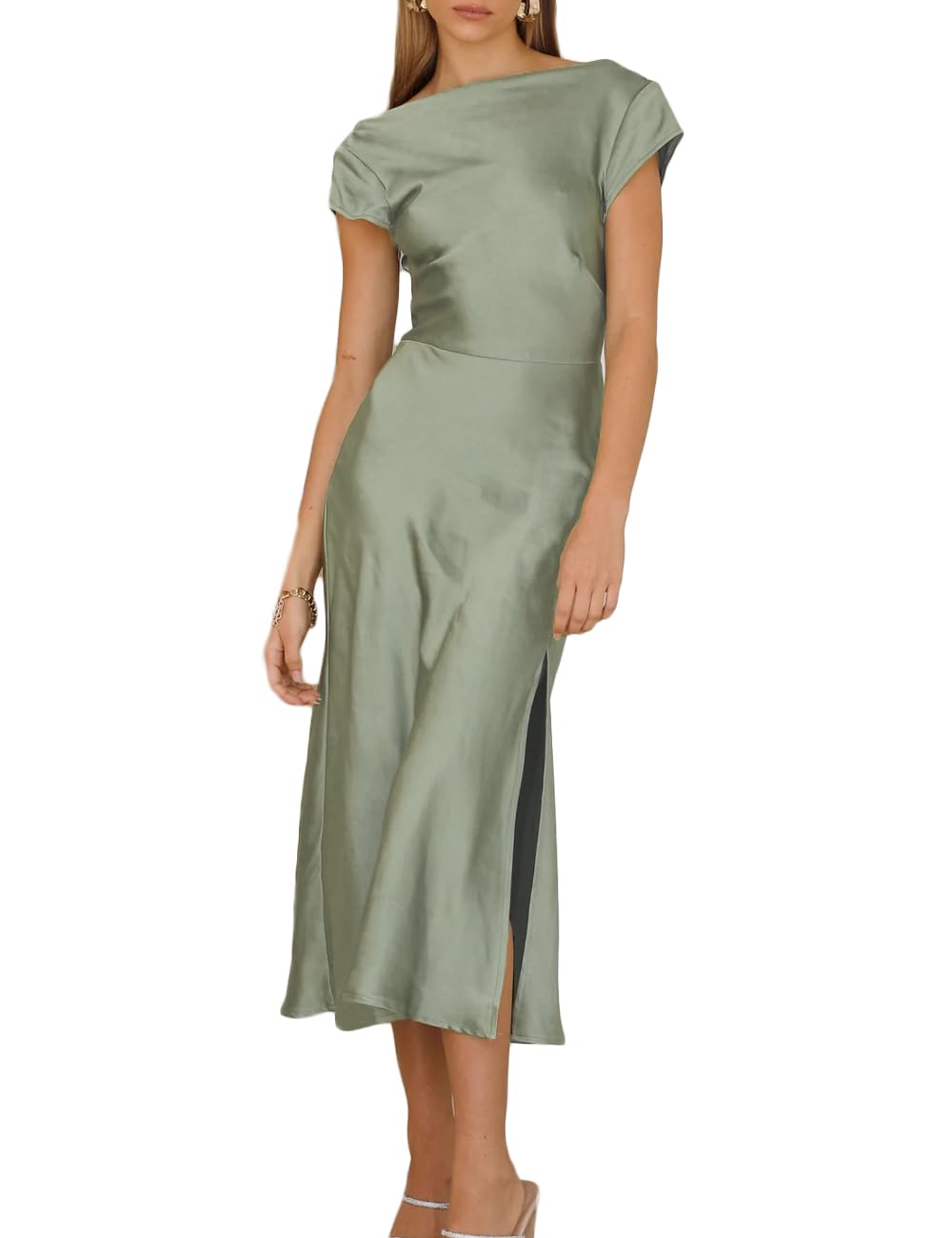 Elegant Women's Summer Satin Backless Twist Cap Sleeve Midi Dress 2025 - Sexy Cowl Neck Slit Cocktail & Wedding Guest Dress for Parties, Date Nights & Special Occasions
