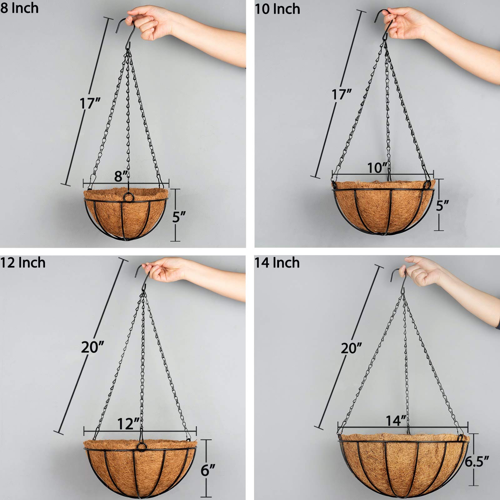 Kingbuy 12 Inch Metal Hanging Basket with Coconut Liner - Wire Planter for Indoor/Outdoor Plants, Flowers & Herbs - Perfect for Patio, Garden, Balcony & Home Decor
