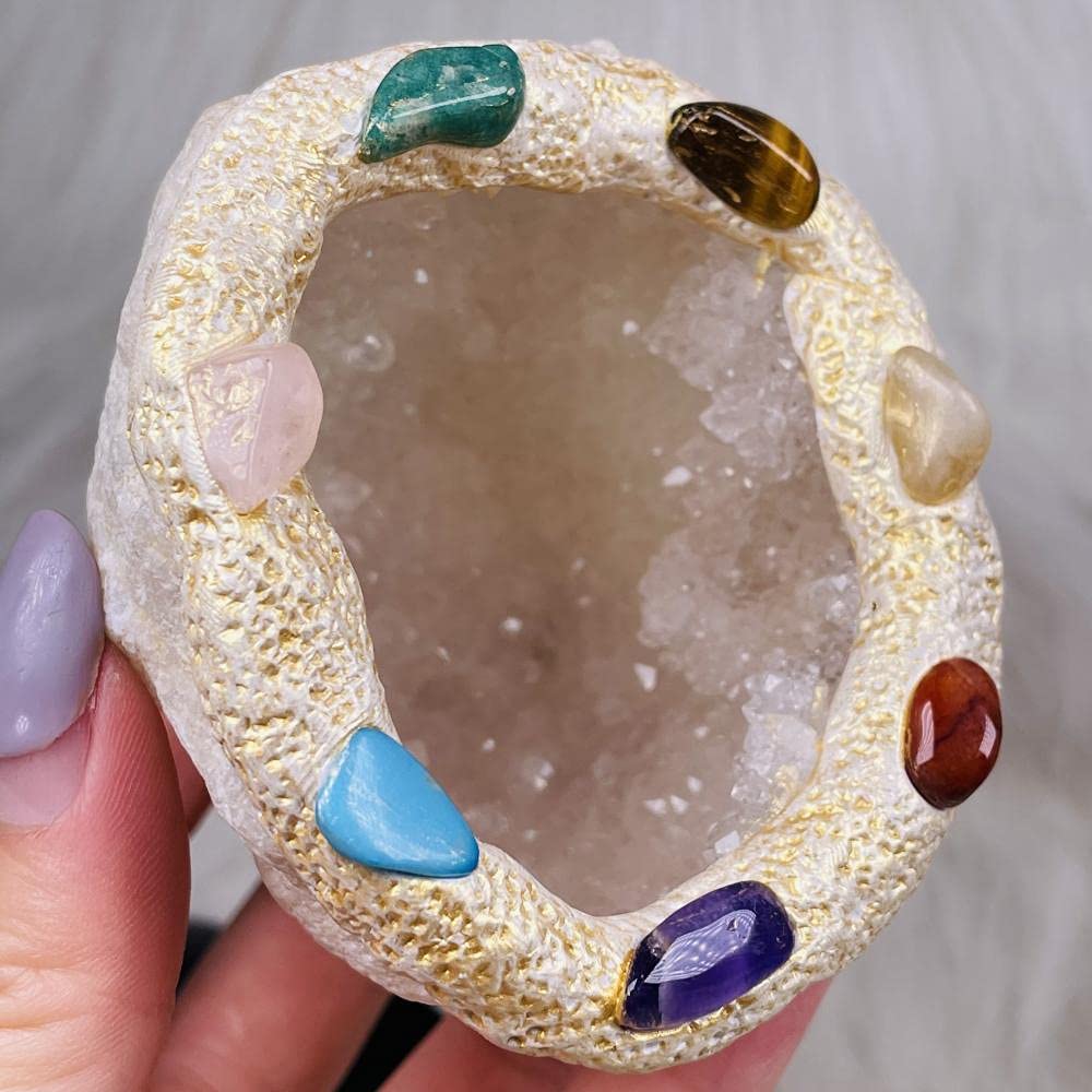 Natural Geode Seven Chakras Quartz Cluster Crystal Specimen - Healing Energy Stones for Meditation, Reiki, Yoga & Home Decor (3-4 inch)