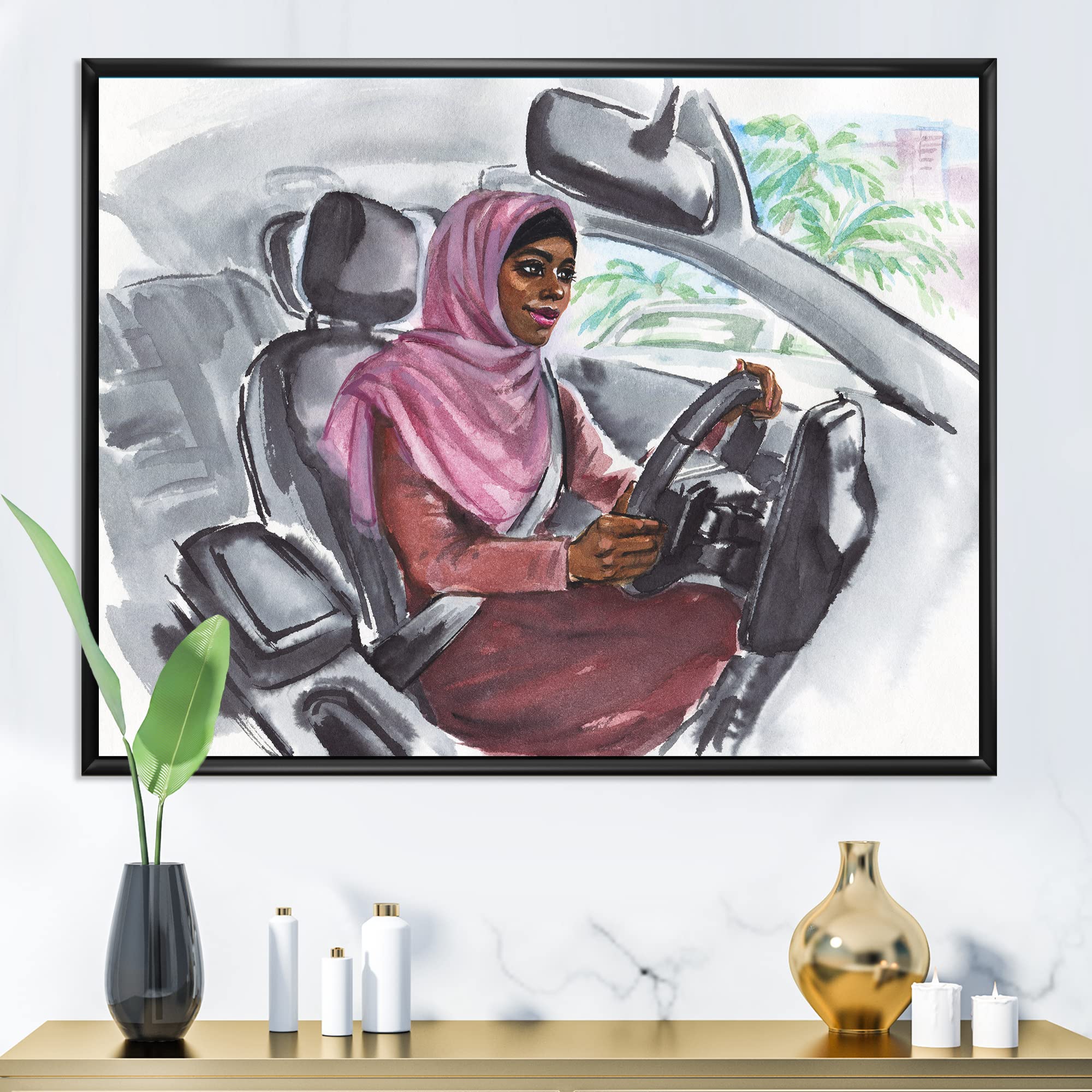 Arabian Woman Driving Car III - Modern Framed Canvas Wall Art Print for Living Room, Bedroom & Office Decor