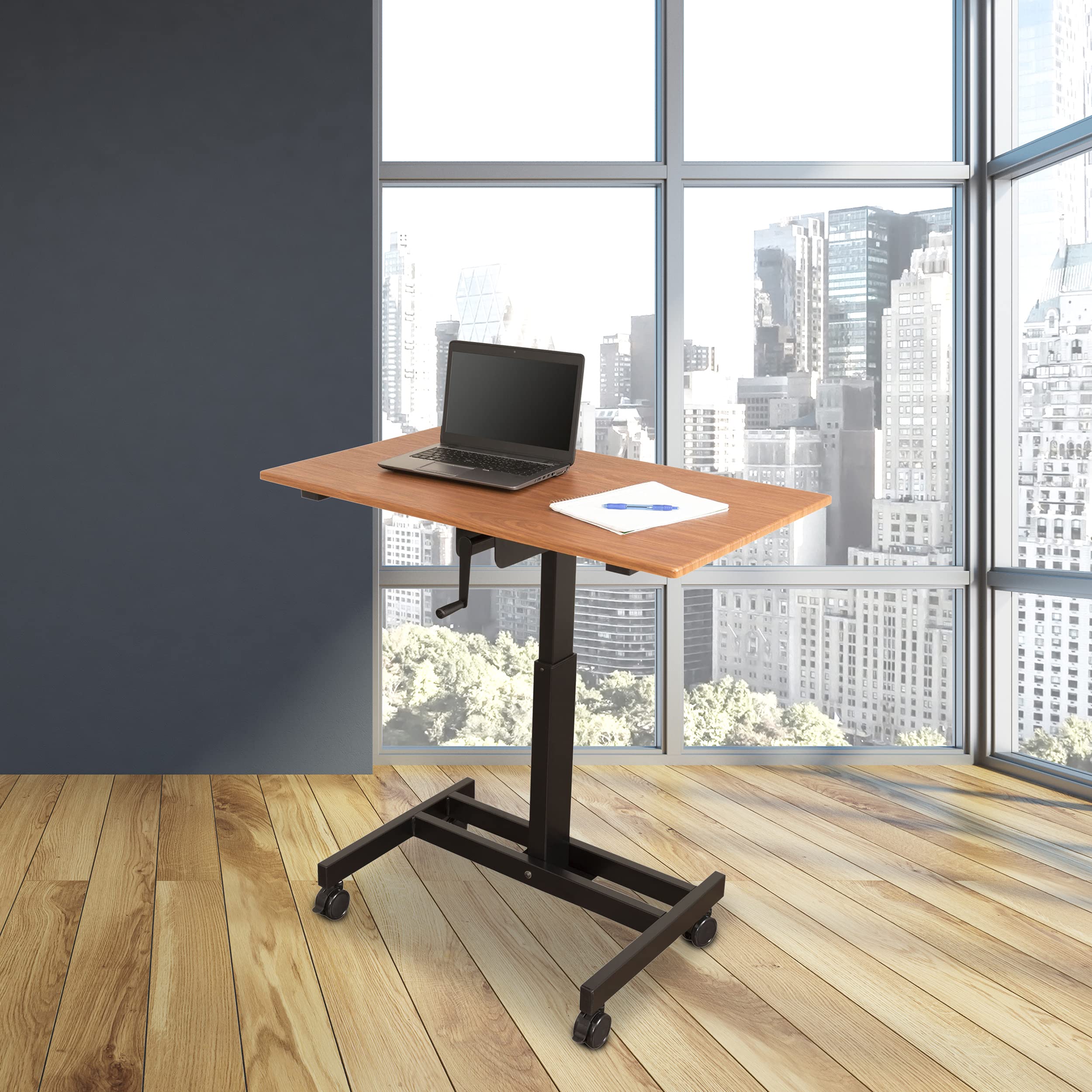 Adjustable Height Rolling Standing Desk with Crank - Single Column Mobile Workstation (Black Frame/Teak Top, 40