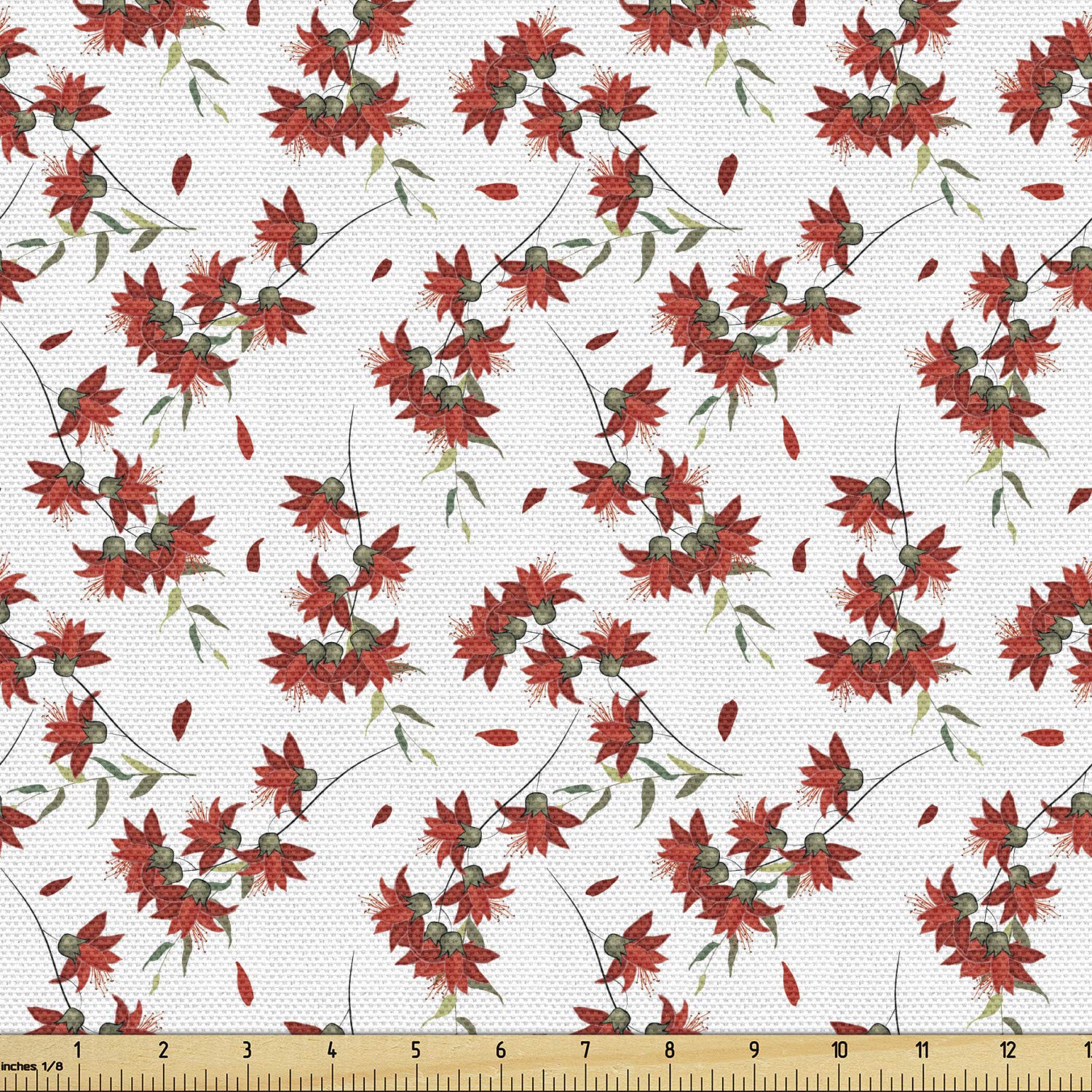 Ambesonne Floral Fabric by The Yard - Continuous Red Spring Flowers with Pointy Petals Pattern, Decorative Upholstery Fabric for Sofa, Curtains & Home Decor (1 Yard, White Vermilion) - Perfect for DIY Projects, Pillow Covers & Table Runners