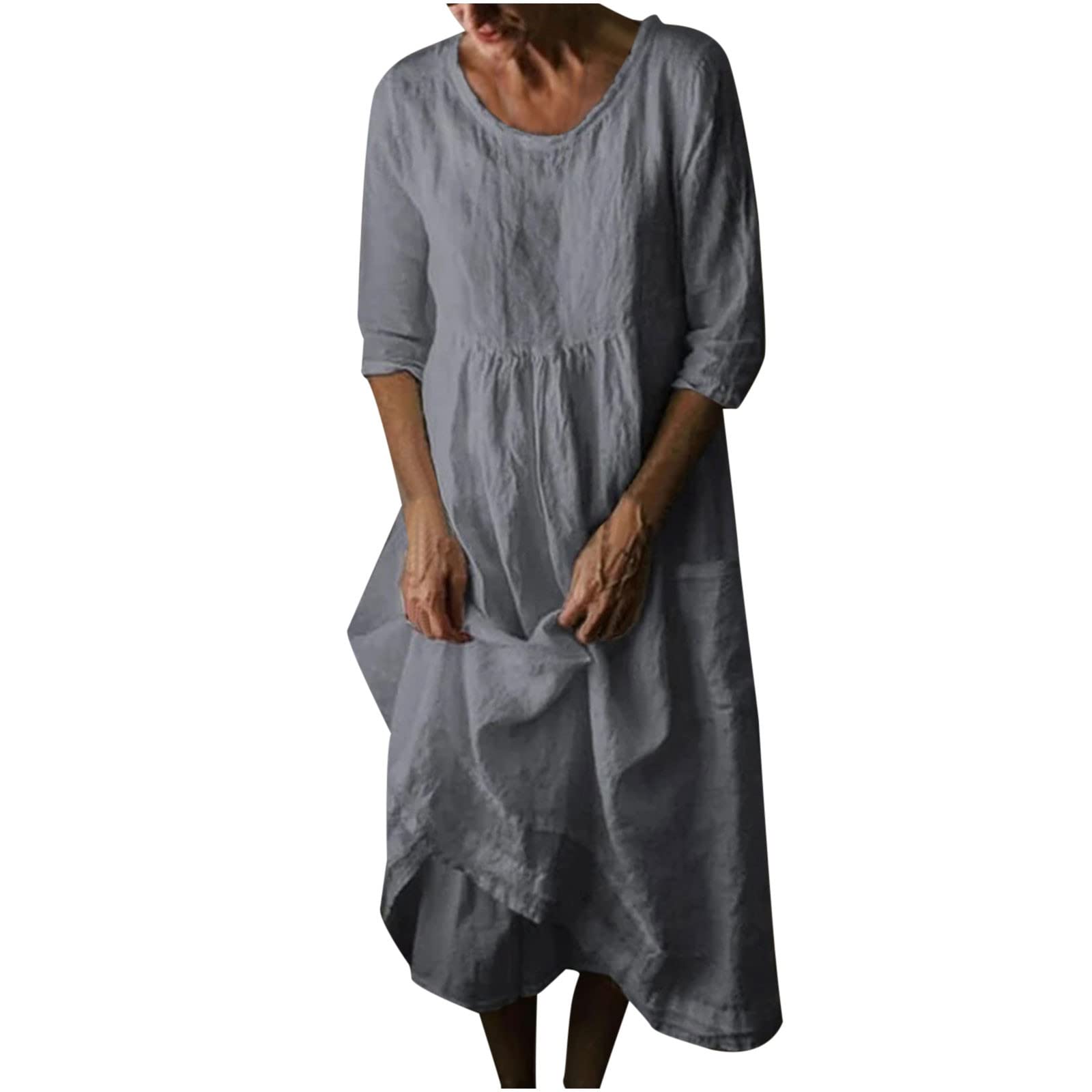 Jsarle Women's Summer Casual Linen Dress - Round Neck, Half Sleeve, Pocket, Loose Fit - Perfect for Wedding Guest, Beach Outings & Everyday Wear