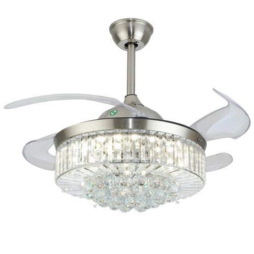 36/42-Inch Modern Invisible Retractable Ceiling Fan with LED Light - 3 Color Dimmable Crystal Chandelier Fan, 4 Retractable Blades for Living Room, Bedroom & Dining Room (36 inch Silver)