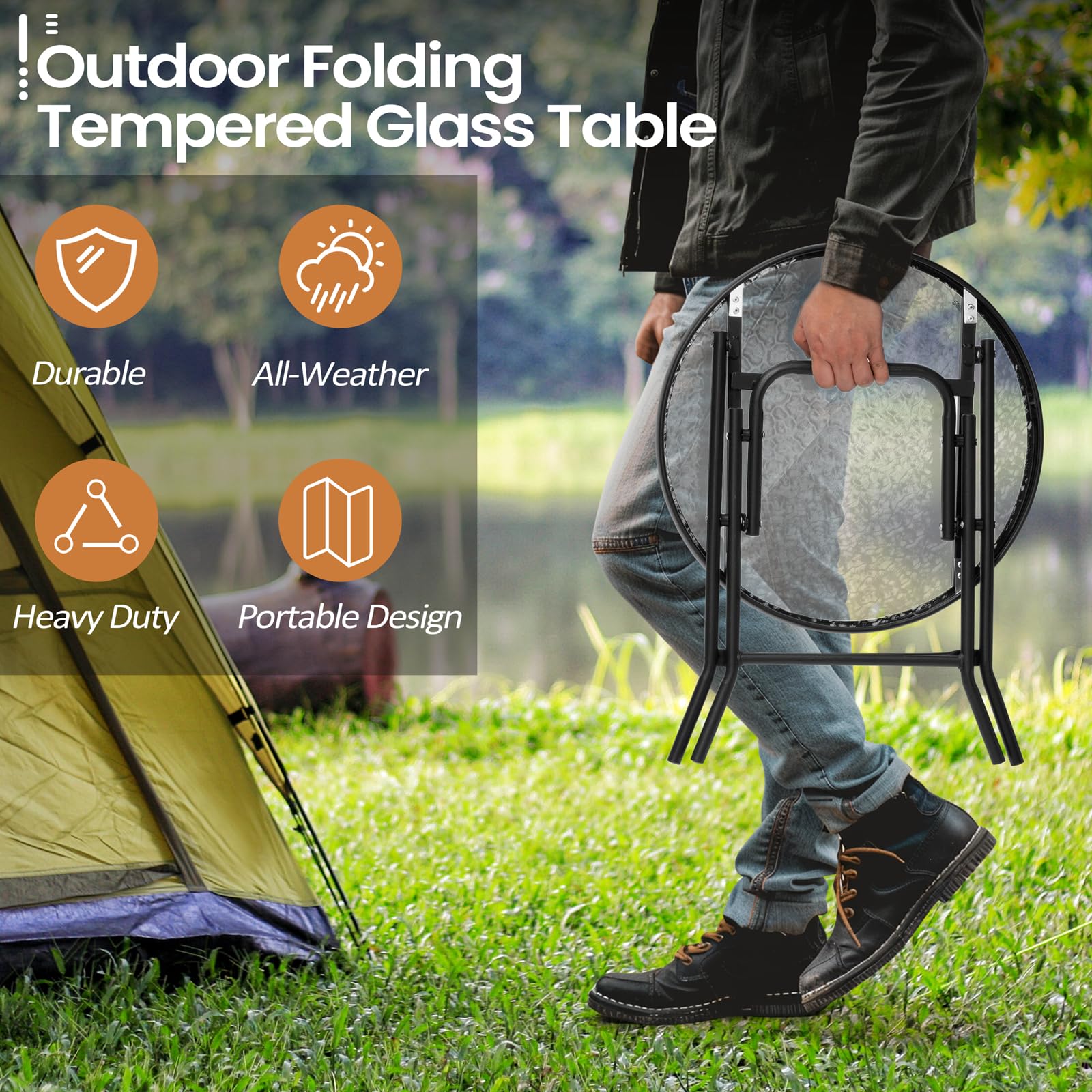 Foldable Side Table Set of 2 with Tempered Glass Top 18