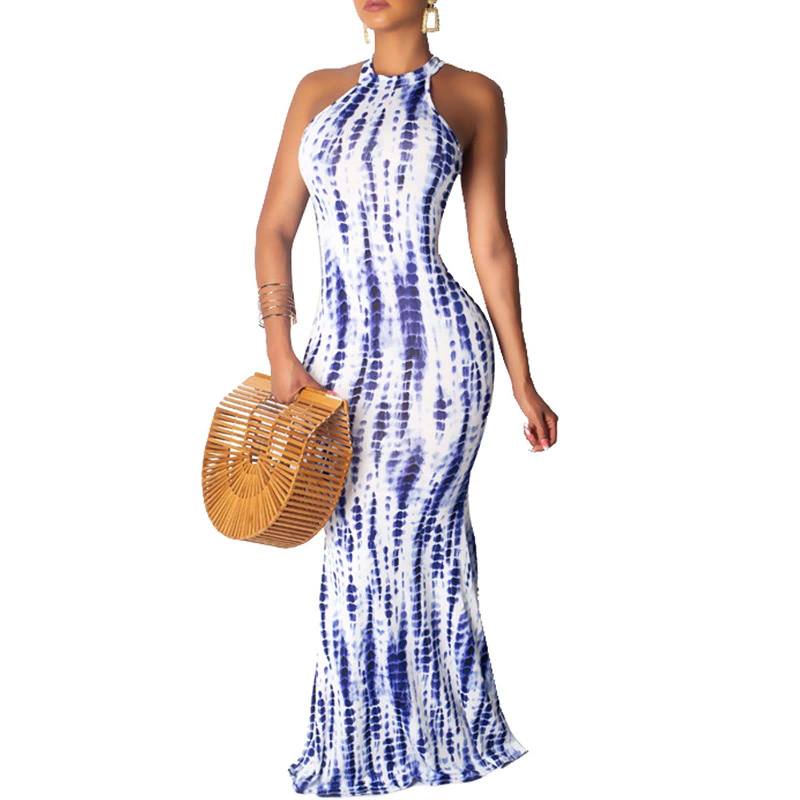 Sexy Floral Print Bodycon Maxi Dress for Women - Summer Beach Evening Date Night Halter Dress with Hollow Out Design | Perfect for Club Parties, Vacations & Romantic Dinners