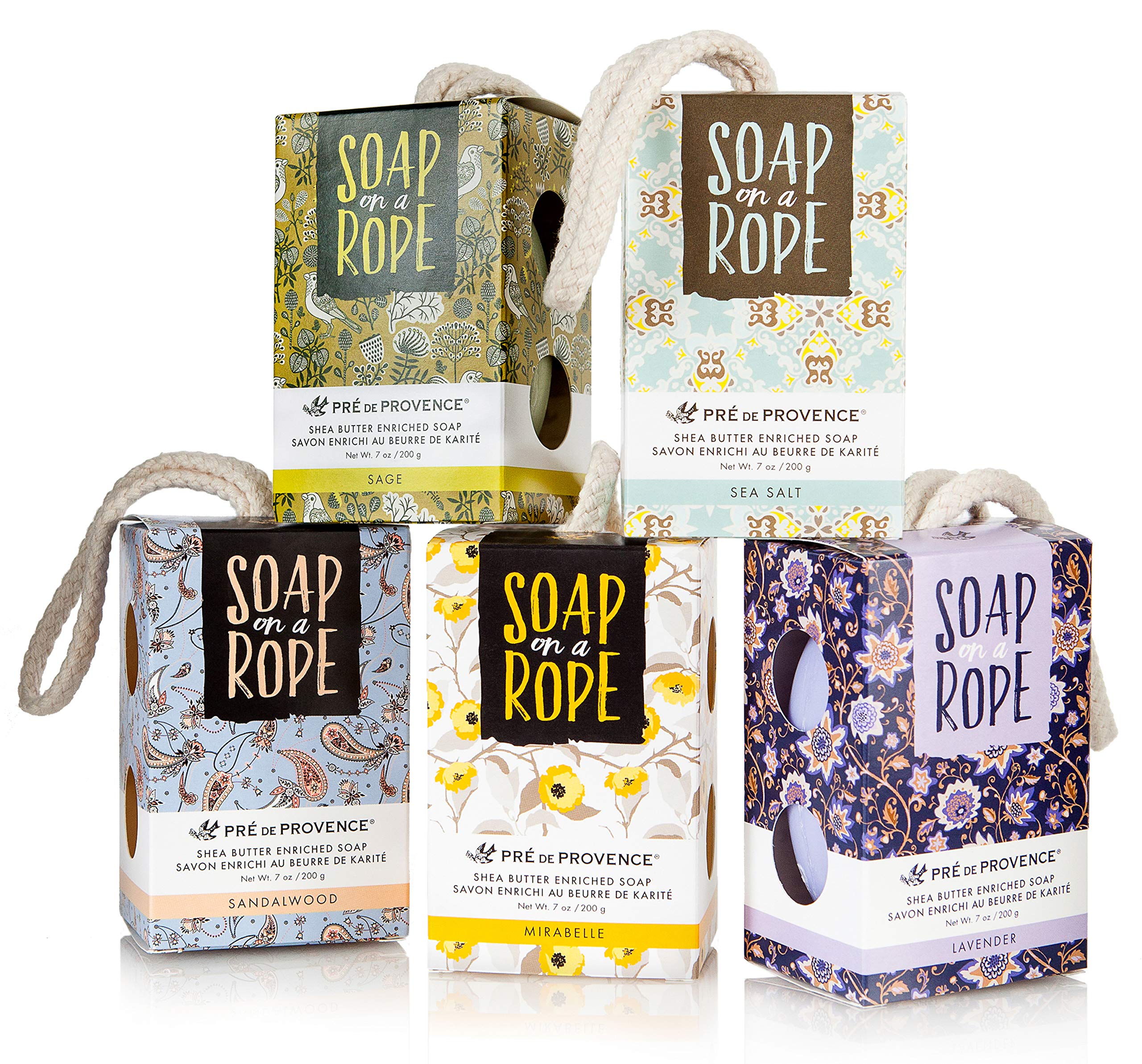 Pre de Provence Soap On a Rope - Natural Sea Salt Exfoliating Bar Soap, 200g for Men & Women | Perfect for Shower, Bath & Travel