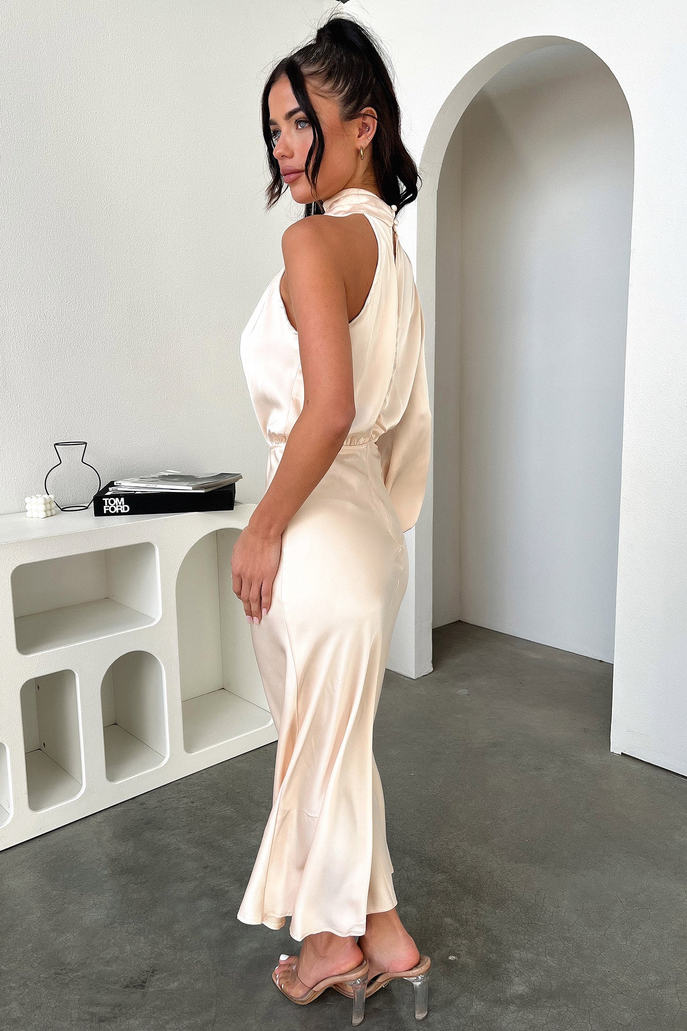 AtoniA Elegant Midi Dress for Women - Flowy Champagne Formal Dress for Party, Wedding & Special Occasions | Plus Size Available