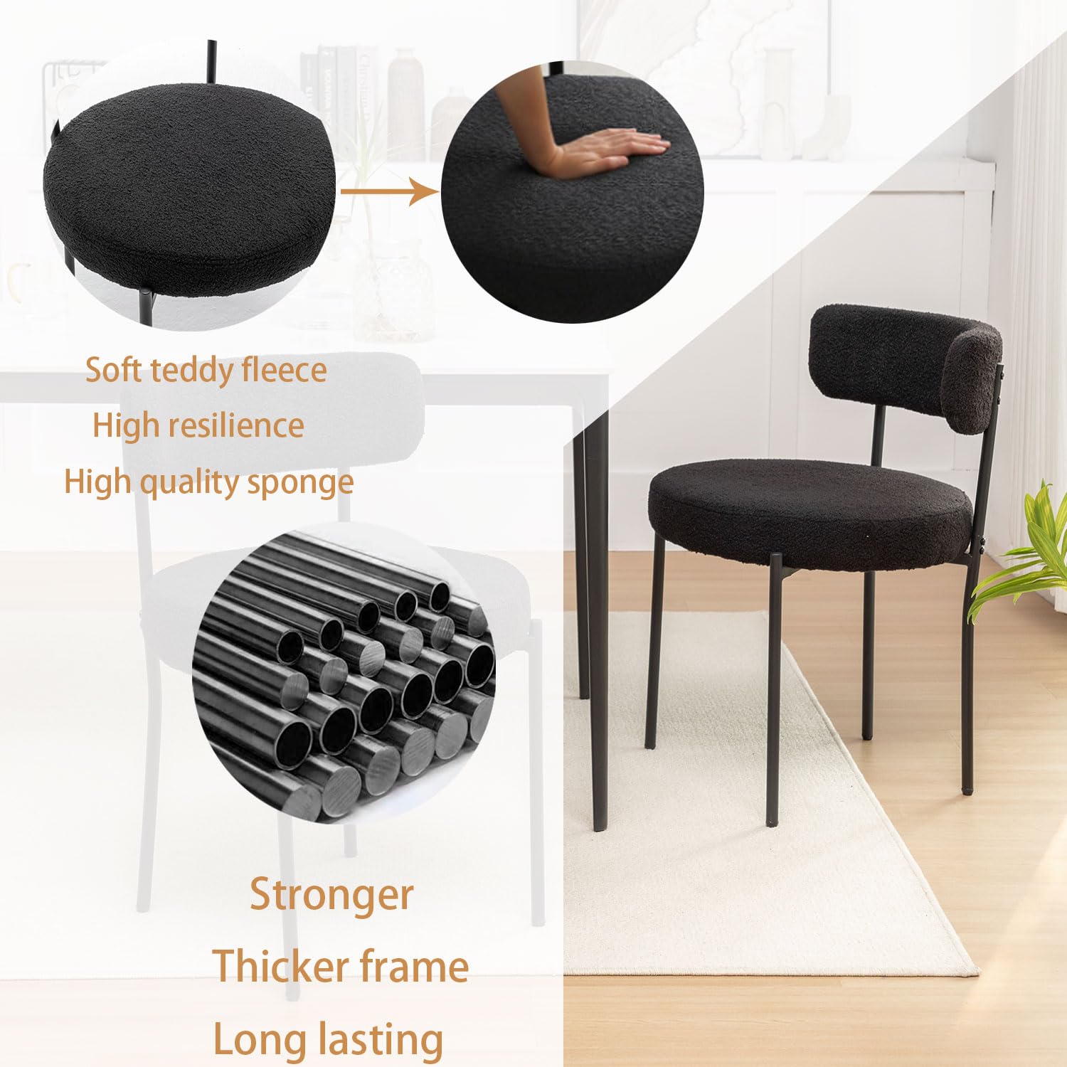 Boucle Dining Chairs Set of 4 - Round Upholstered Modern Chairs with Black Metal Legs for Dining Room, Kitchen, Living Room, Office, and Small Spaces (Black)