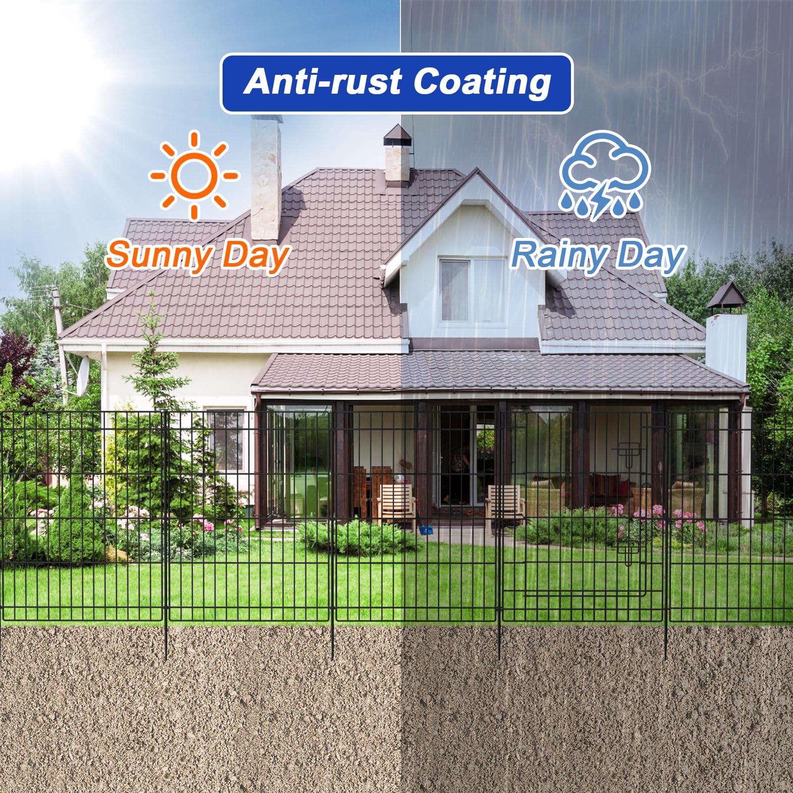 INJOPEXI 12-Panel Decorative Metal Garden Fence - 23.6ft Long x 30in Tall Rustproof Wire Fencing with Gate | No Dig Temporary Animal Barrier for Yard, Outdoor Patio & Garden Protection | Perfect for Pet Containment, Landscape Borders & Pool Safety