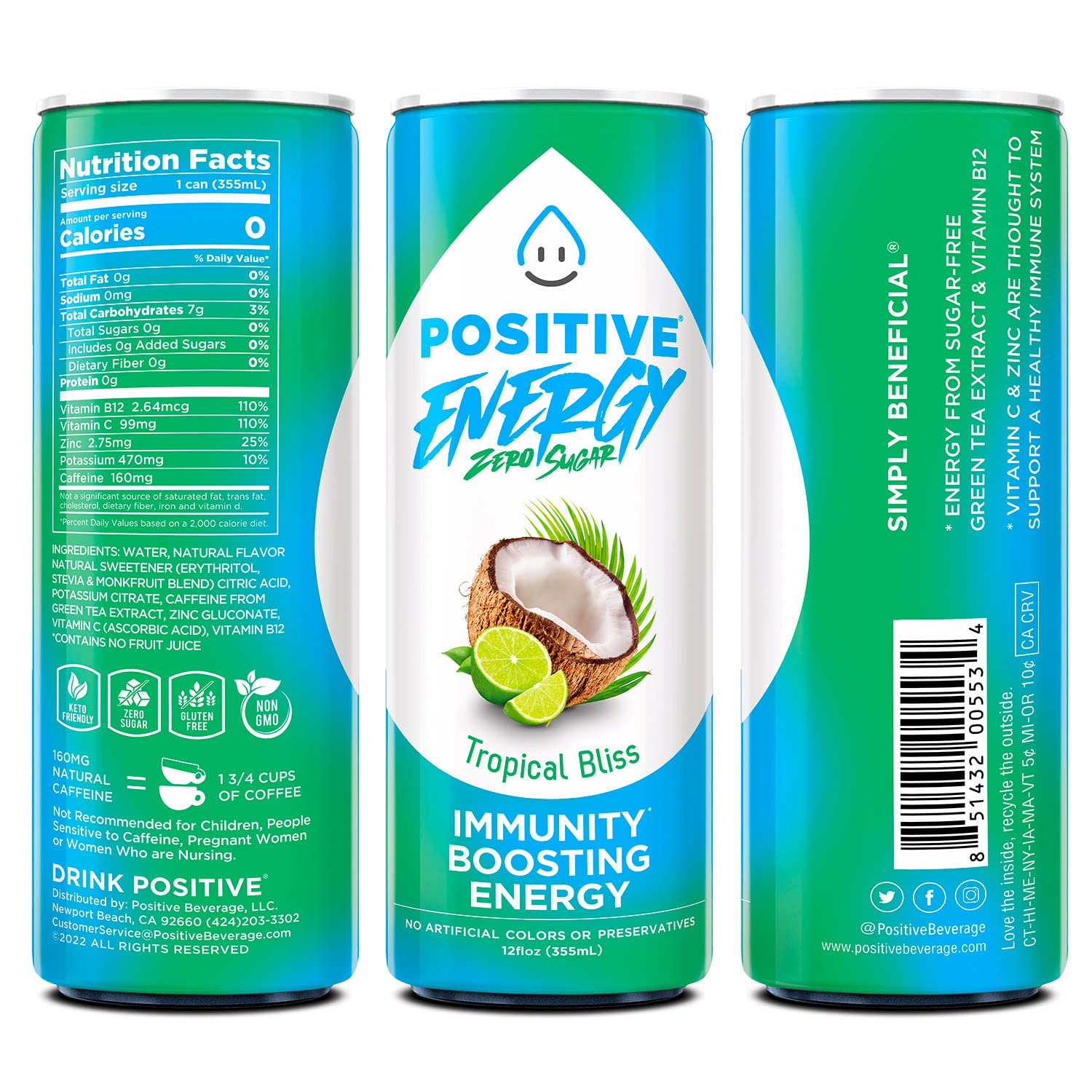 Positive Energy Immunity Boosting Energy Drink - Tropical Bliss Flavor | Zero Sugar, Keto Friendly, Gluten Free & Non-GMO | 12 Fluid Ounce (Pack of 12) | Perfect for Workouts, Travel & Daily Energy Boost