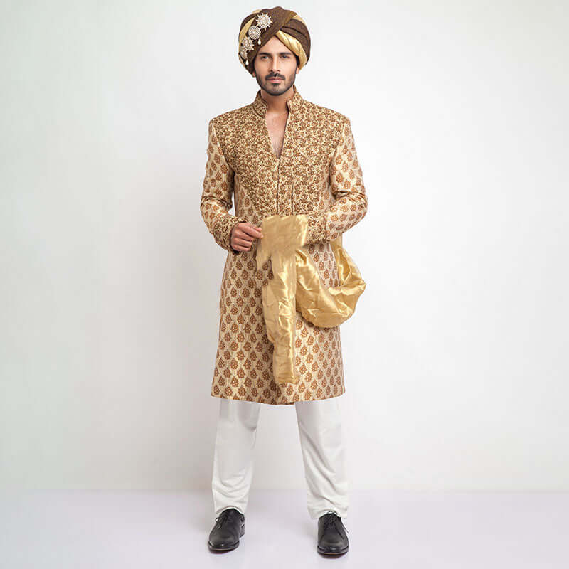 Antique Gold Brocade Silk Sherwani for Men | Elegant Indian Wedding Attire | Perfect for Groom Outfits, Festive Occasions & Cultural Celebrations