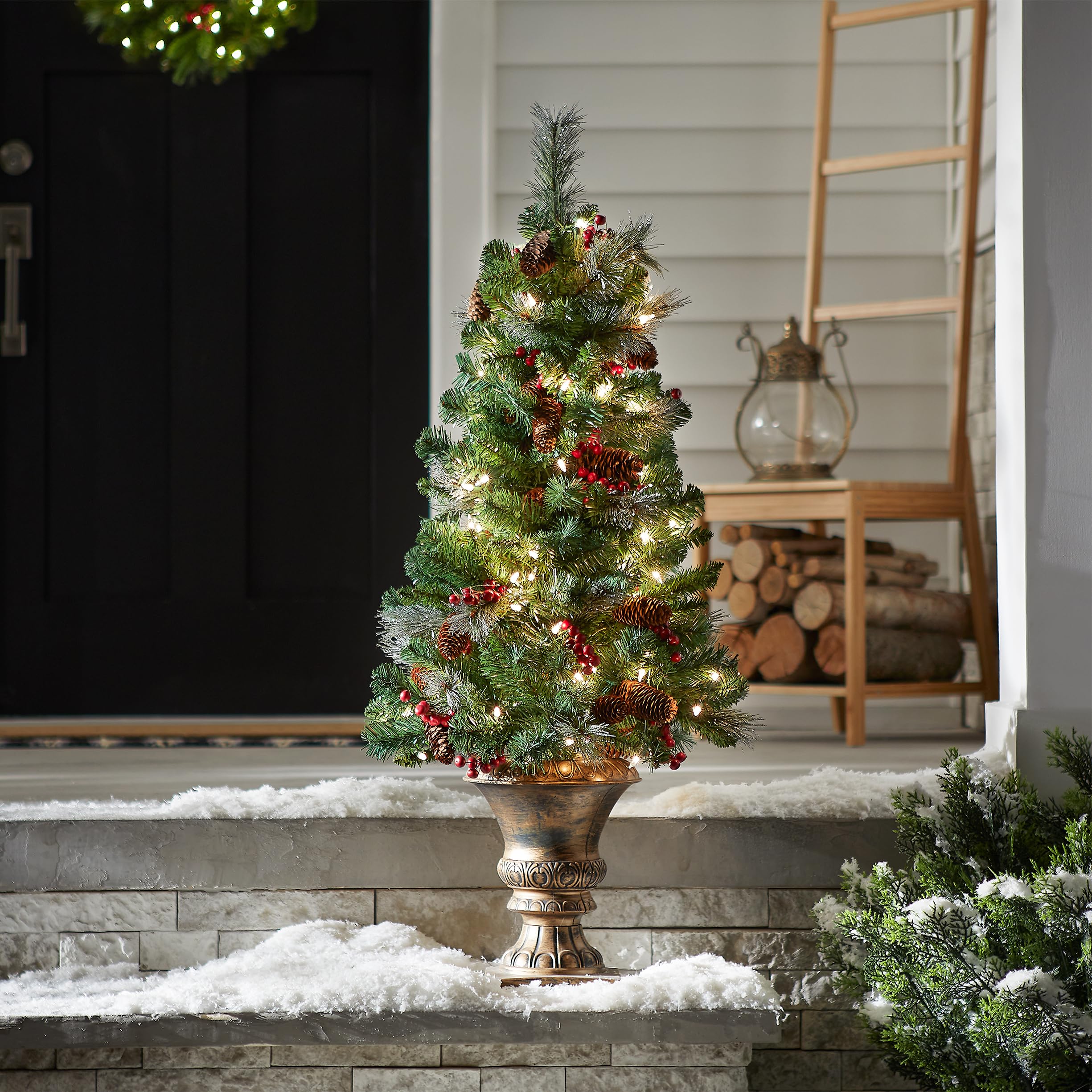 National Tree Company 4ft Pre-Lit Artificial Mini Christmas Tree - Green Crestwood Spruce with White Lights, Pine Cones & Berry Clusters - Frosted Branches & Pot Base Included | Perfect for Small Spaces, Office Decor & Holiday Home Decoration