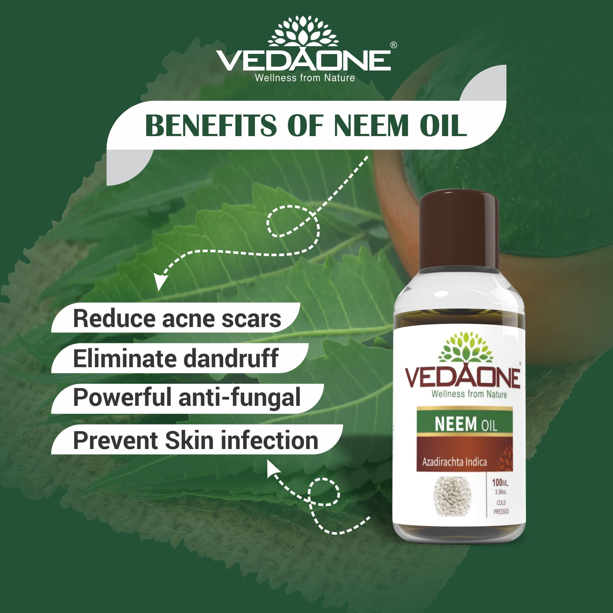 Vedaone 100% Pure Natural Cold Pressed Neem Oil for Skin & Hair - Undiluted, Organic, 100ml (Pack of 3) - Perfect for Acne Treatment, Scalp Care & Natural Pest Control