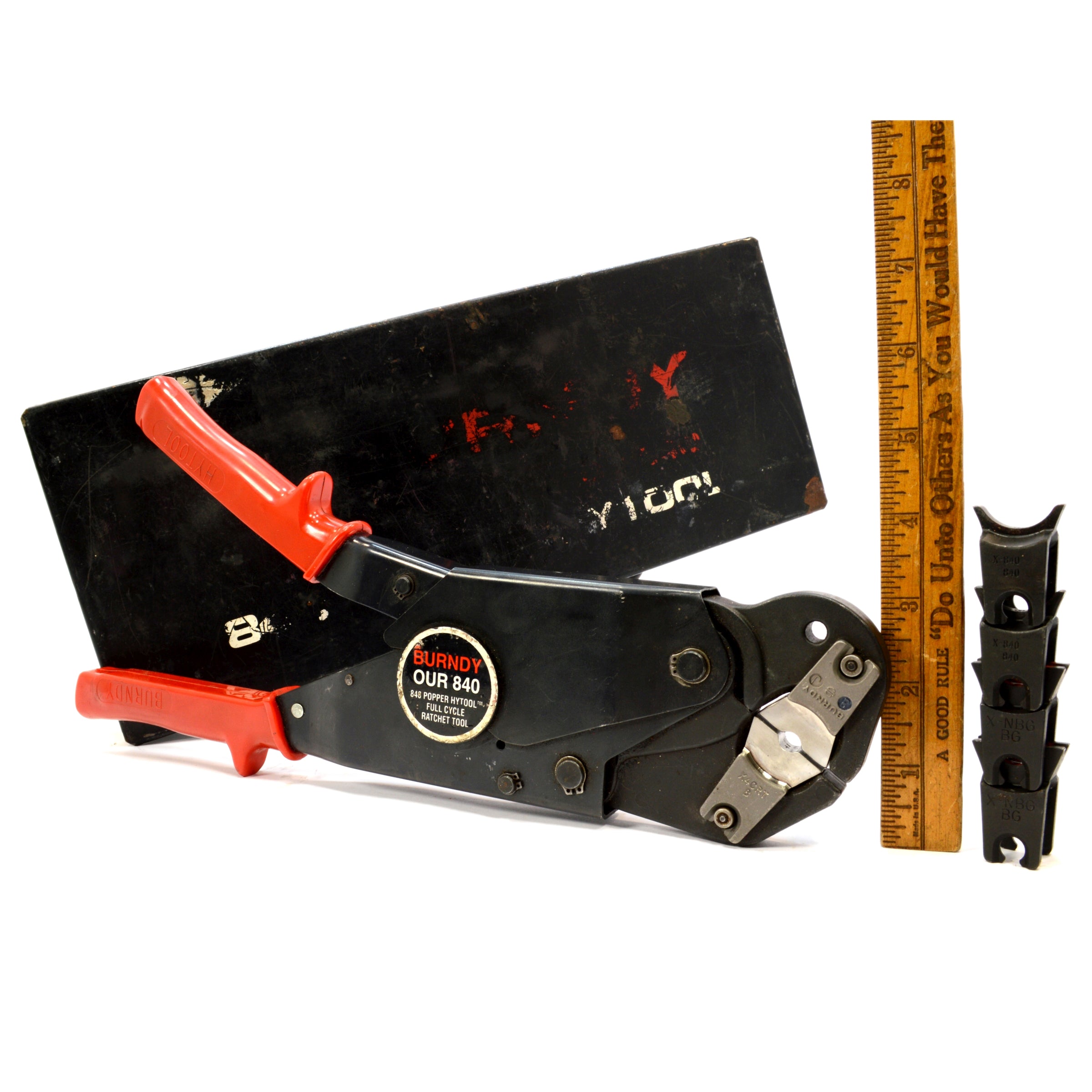 BURNDY OUR840 HYTOOL Ratchet Crimping Tool with (3) Die Sets - Used in Excellent Condition - Perfect for Electrical Wiring and Cable Terminations