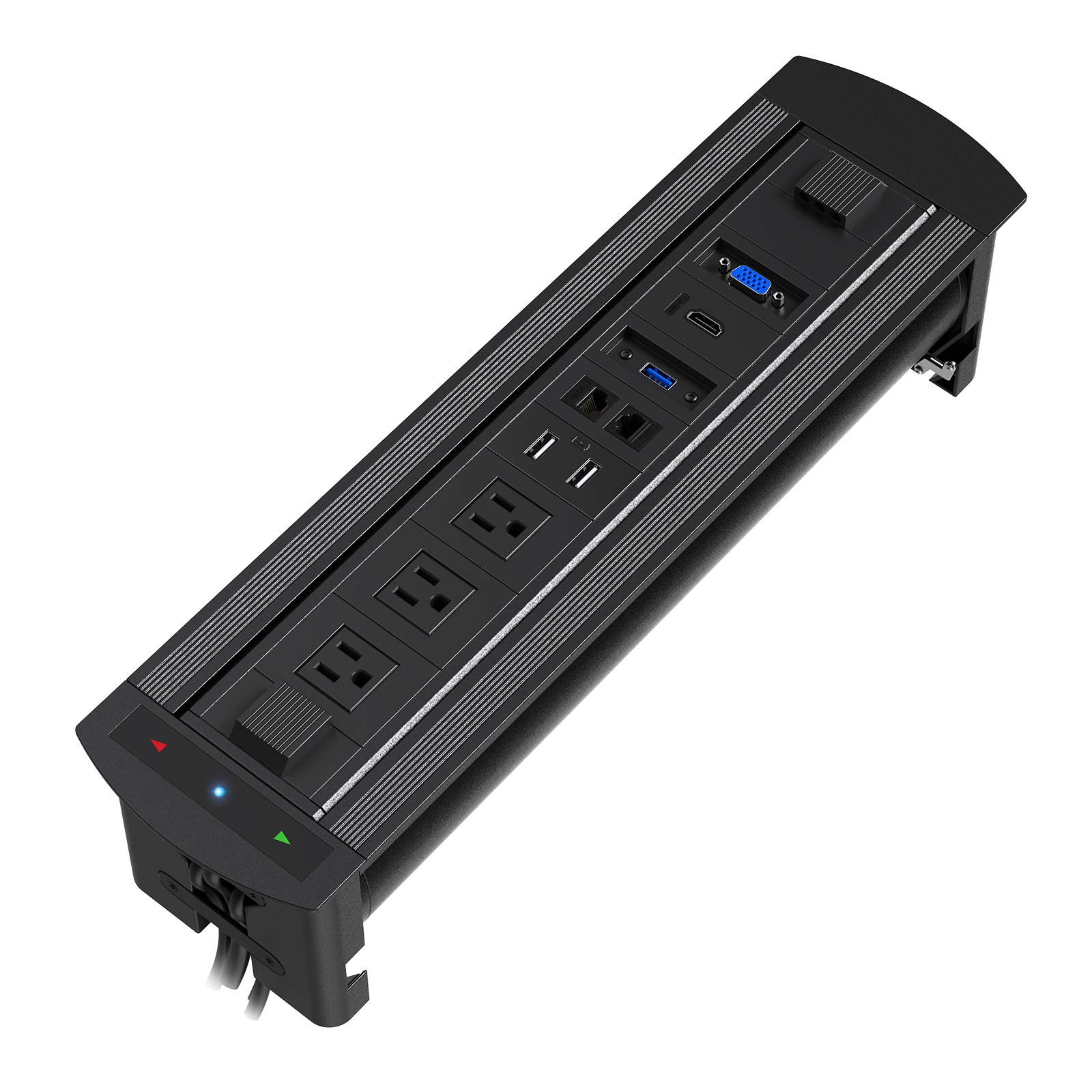 Motorized Recessed Power Outlet Box with 3 AC Outlets, 2 USB Ports, HDMI & VGA - Conference Room Table Power Hub for Office Meetings & Presentations (Black)