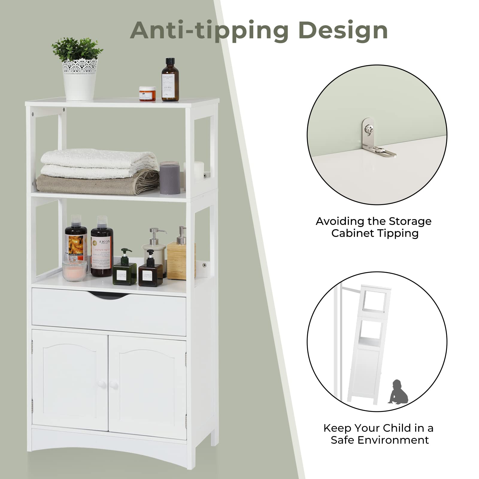 White Sideboard Storage Cabinet with 2 Open Shelves, 1 Drawer & Cupboard - Kitchen Pantry Organizer with Microwave Space, Freestanding Floor Cabinet for Bathroom, Living Room & Bedroom - Perfect for Home Storage, Bookshelf & Display Unit