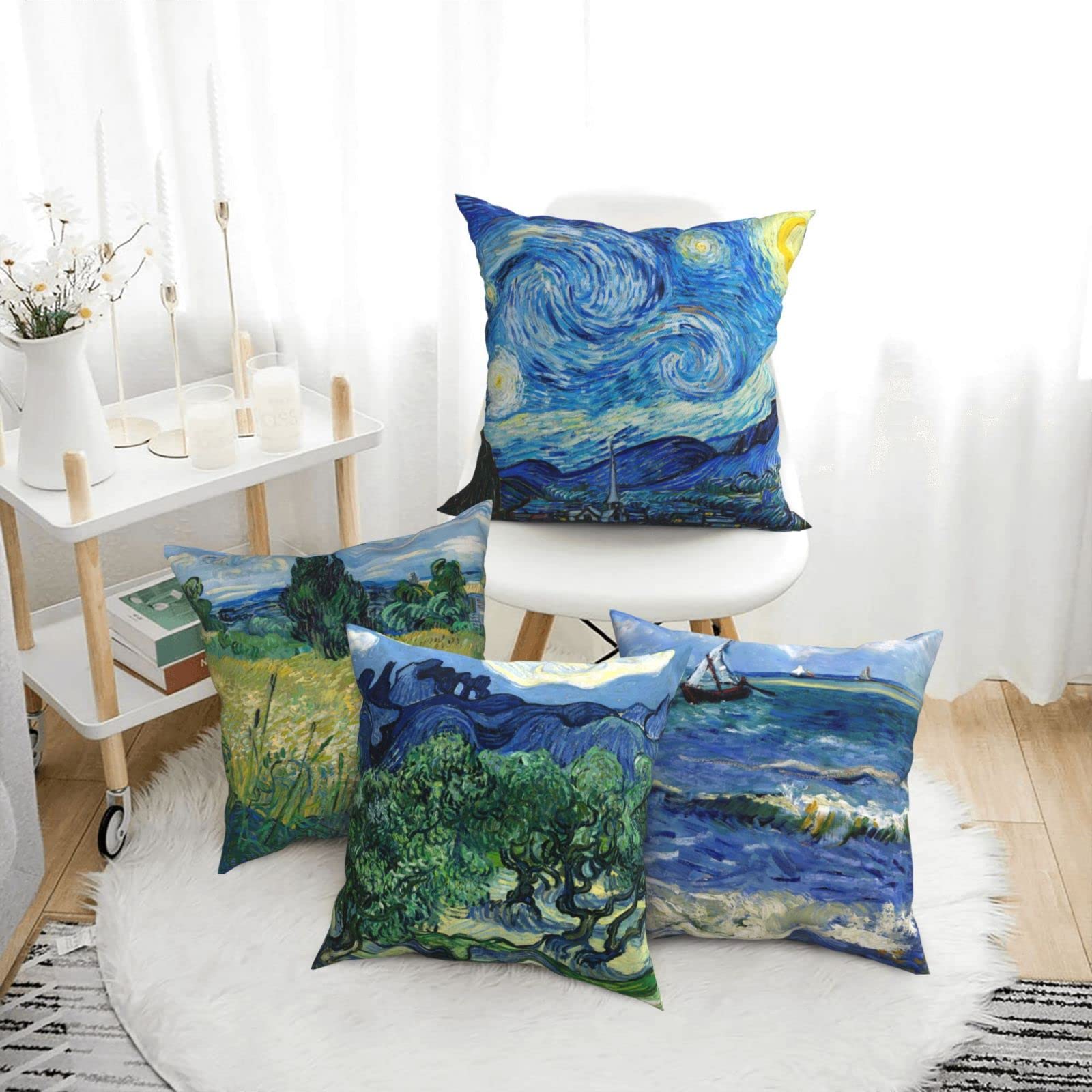 Van Gogh Starry Night Decorative Pillow Covers Set of 4 - Famous Landscape Painting Square Velvet Cushion Covers for Sofa, Couch & Bed - Home Decor, Living Room & Office Accent