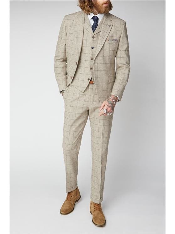 Gibson Wylam Stone Windowpane 3 Piece Tweed Suit for Men - Classic British Style Wool Blazer, Vest & Pants Set - Perfect for Weddings, Business Meetings & Formal Events