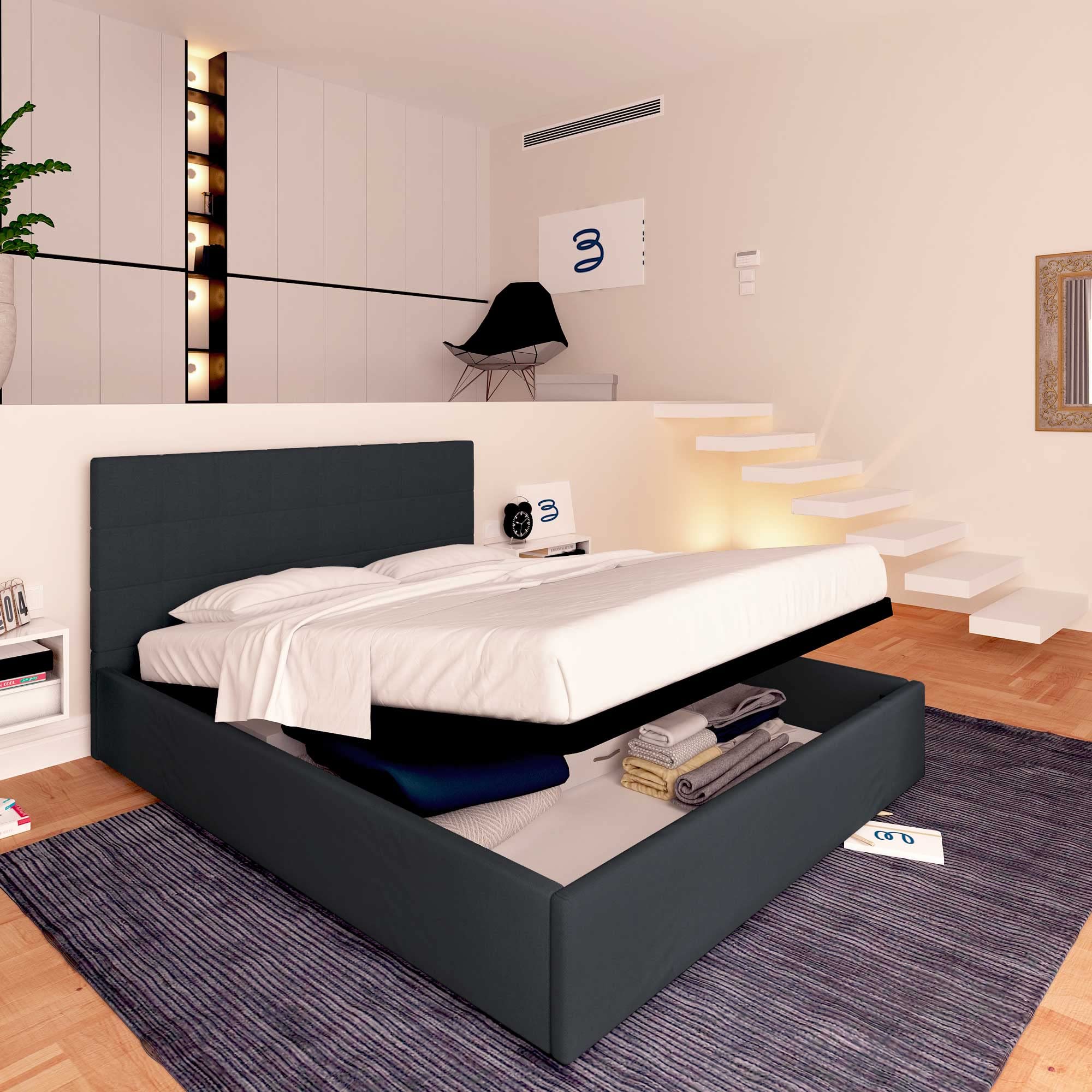Baldiflex Square and Twin Bed Frame with Storage, Dublin Model Fabric Slatted Base for Square and Twin Mattresses, 120 x 200 cm, Elegant Headboard, Graphite Gray - Perfect for Small Bedrooms, Guest Rooms & Modern Apartments