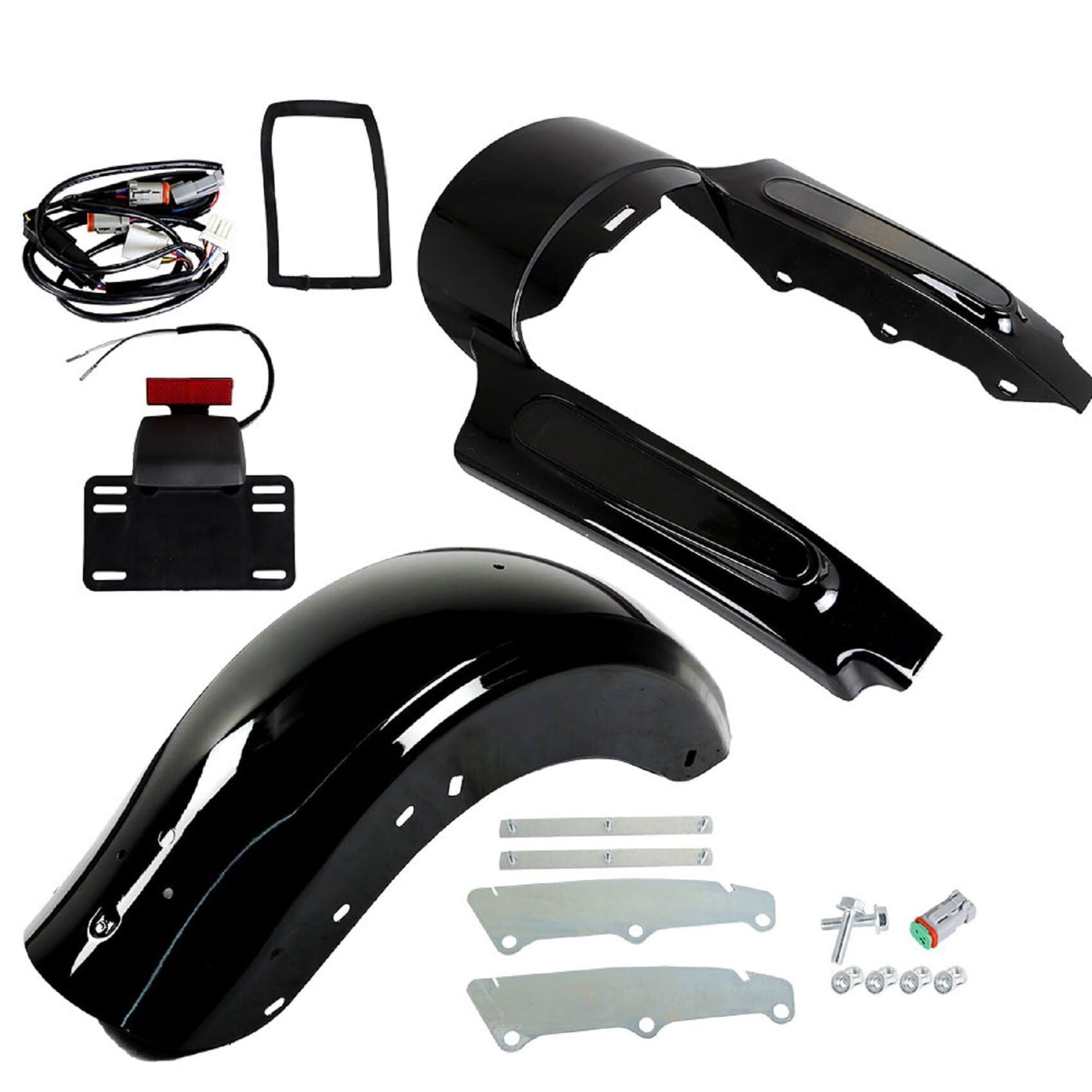 Black Motorcycle Rear Mudguard System with Lights - CVO Style Replacement for Harley Touring Electra Glide, Road Glide, Road King & Street Glide (2009-2013) | Fender Tail Light Assembly for Enhanced Visibility & Style
