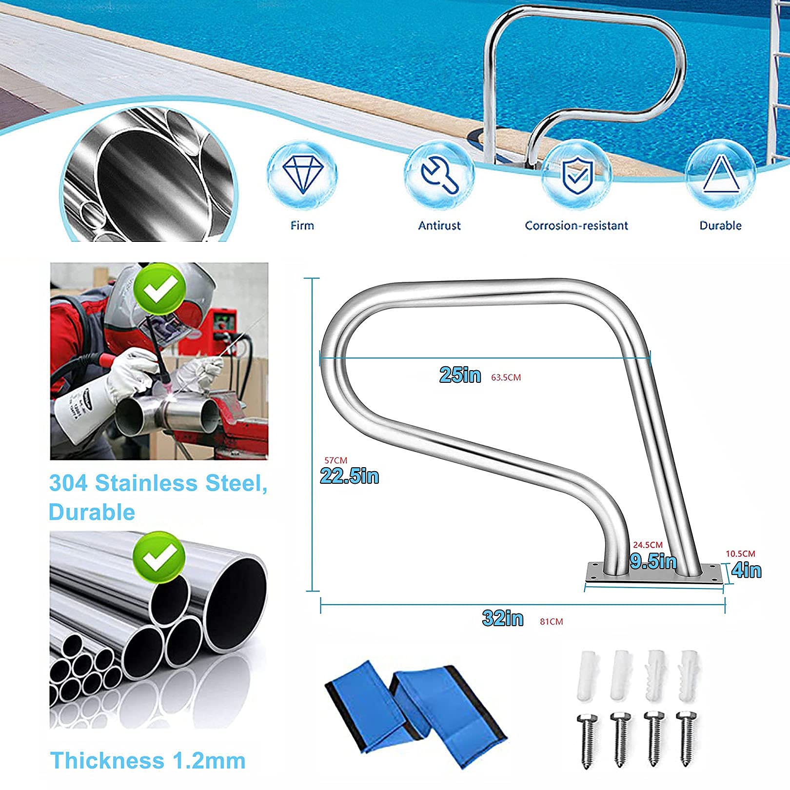 CGF Stainless Steel Swimming Pool Hand Rail - 304 Stainless Steel, Quick Mount Installation for In-Ground Pools | Durable Safety Grab Bar for Indoor & Outdoor Use, Perfect for Seniors and Pool Safety