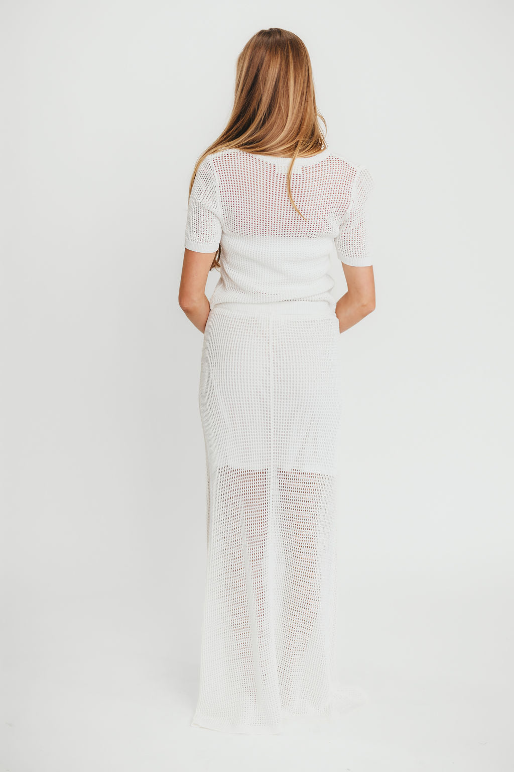 Aidan Open Knit Top and Maxi Skirt Set in Off White - Women's Boho Chic Outfit for Summer Beach Vacation & Casual Date Night