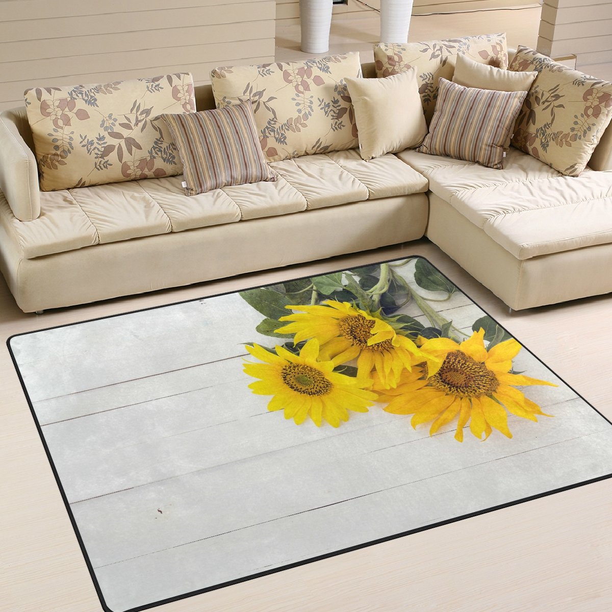 ALAZA Yellow Sunflower Pattern Non-Slip Area Rug - 7'x5' Soft Floor Mat for Living Room, Bedroom, Dorm - Home Decor & Cozy Farmhouse Style