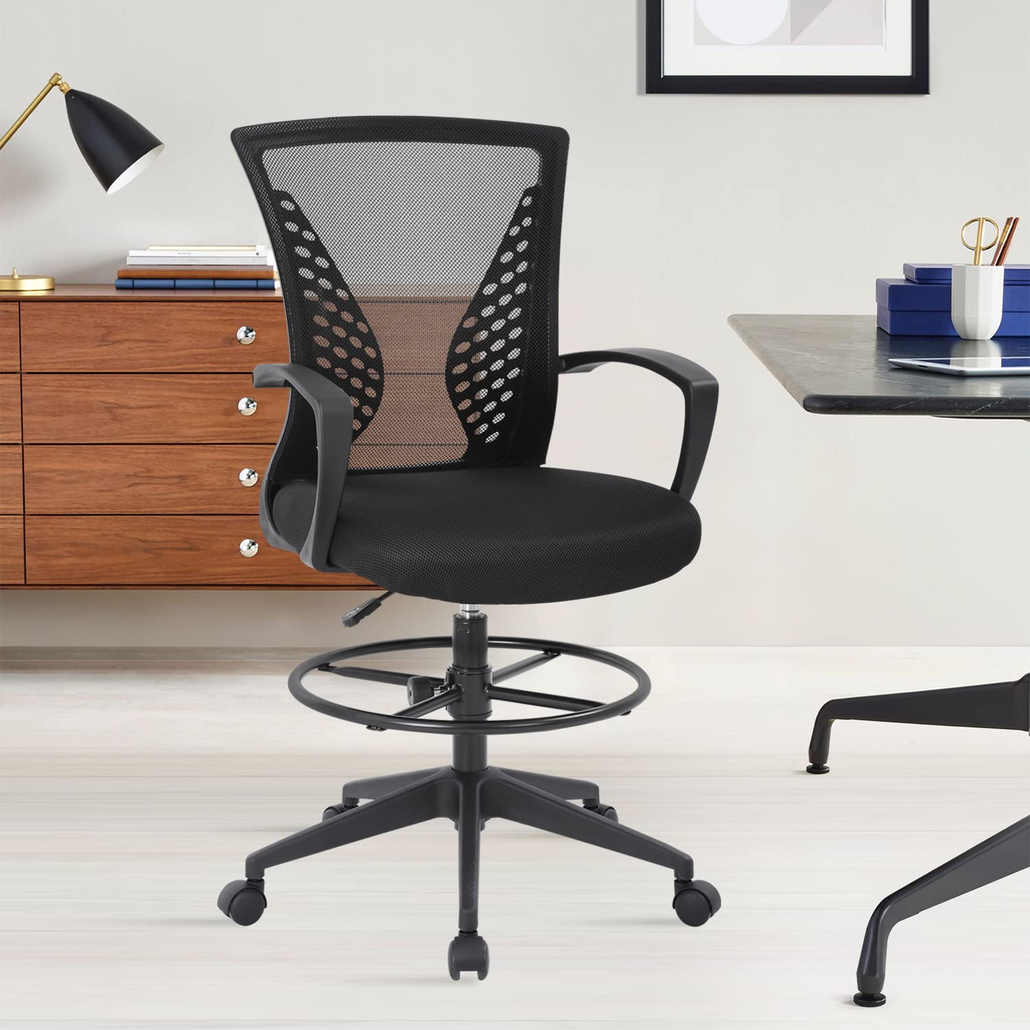 Ergonomic Adjustable Height Drafting Chair with Lumbar Support, Armrests & Foot-Ring - Rolling Mesh Office Chair for Standing Desks - Black (Perfect for Architects, Designers & Home Office Workspaces)