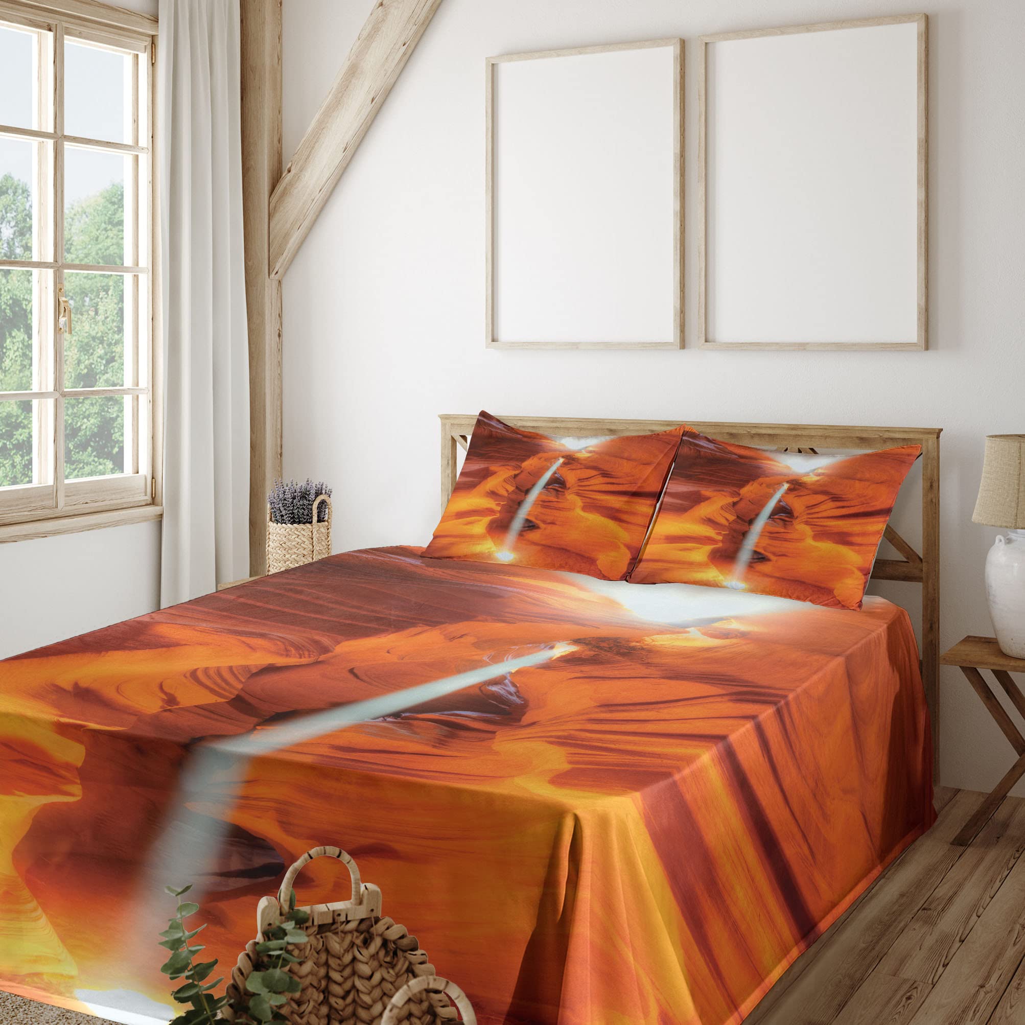 Ambesonne Americana King Size 4-Piece Sheet Set - Majestic Scenery Sunbeam Sandstone Antelope Canyon Nature Design, Orange Yellow & White Bedding with Fitted Sheet, Flat Sheet & Pillowcases - Perfect for Southwest Style Bedrooms, Vacation Homes & Nature-Themed Decor