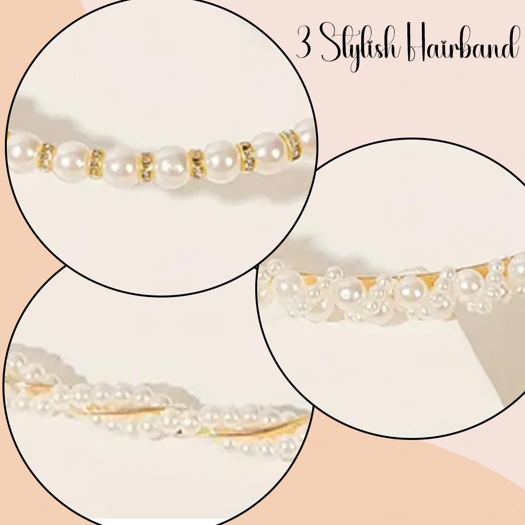 Myra Collection 3-Piece White Pearl Gold Headband Set - Elegant Hair Accessories for Women & Girls | Perfect for Weddings, Parties & Everyday Wear