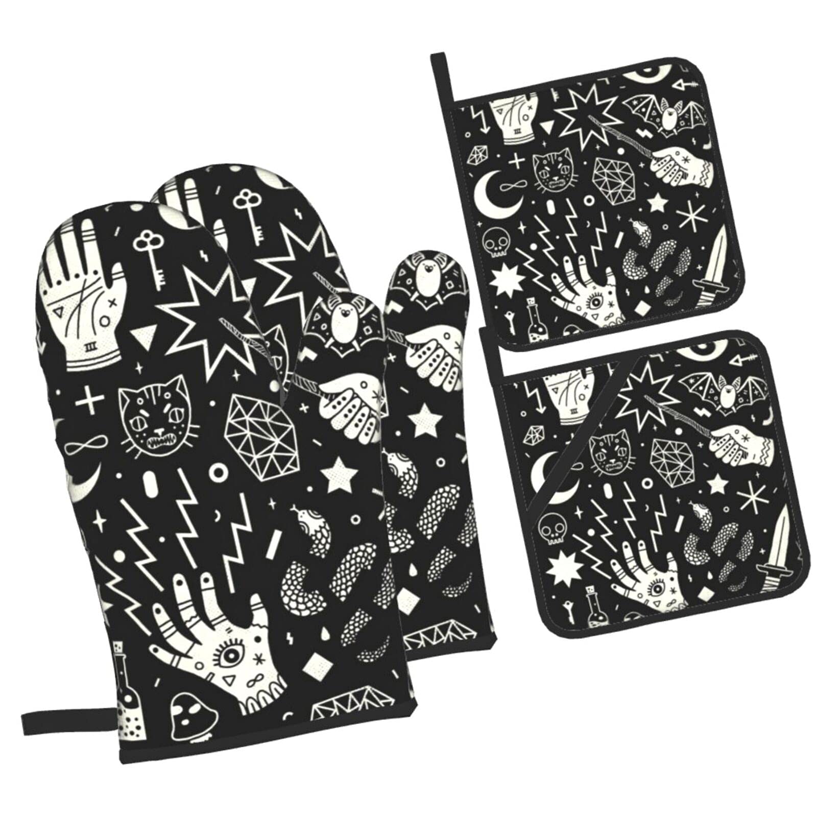 Magical Style Hand Eyes Moon Skull Cat Bat Snake Key 4-Piece Oven Mitt and Pot Holder Set - Heat Resistant, Non-Slip Kitchen Gloves with Inner Cotton Layer for Cooking, BBQ, Baking, Grilling - Perfect for Halloween Parties, Gothic Kitchen Decor & Spooky Themed Events
