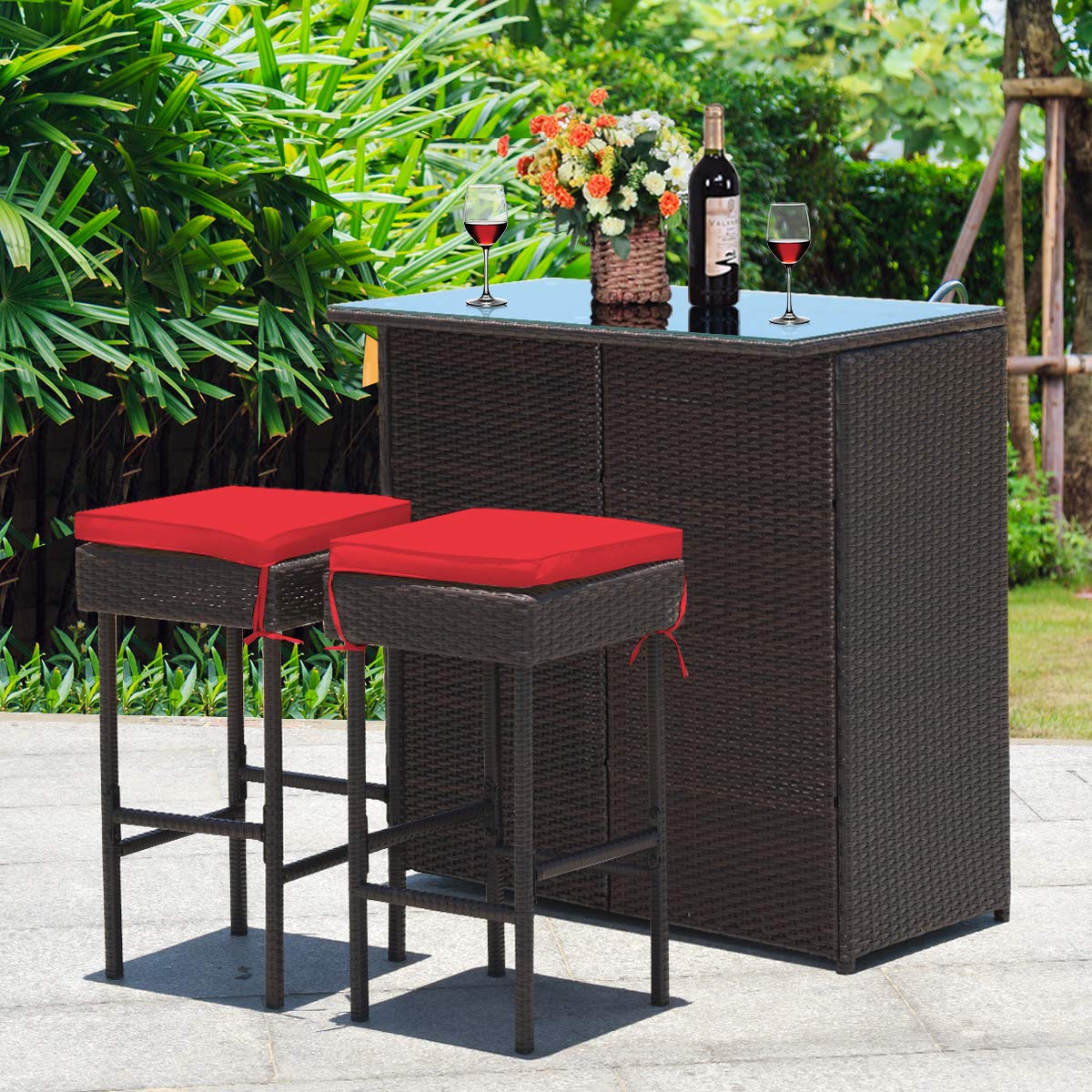 Tangkula 3-Piece Outdoor Patio Bar Set with Rattan Wicker Chairs, Glass Top Table & Cushions - Red - Perfect for Backyard, Garden, Poolside & Porch Relaxation