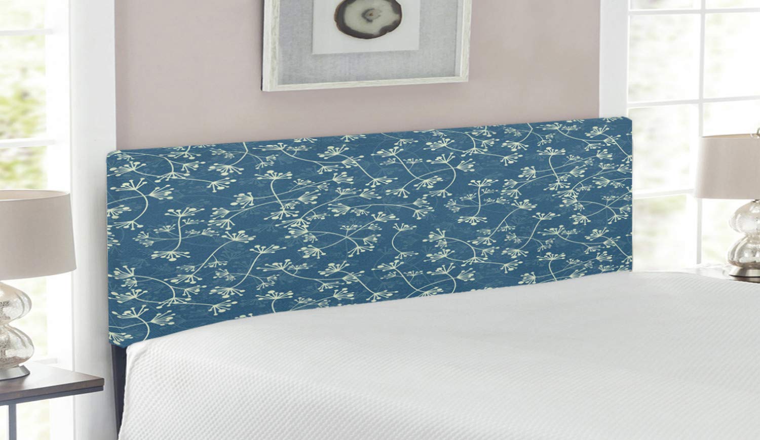 Ambesonne Floral Upholstered Headboard - Nature Inspired Twiggy Plants & Petals Spring Design, Decorative Metal Bed Headboard with Memory Foam, Queen Size, Pale Green Slate Blue - Perfect for Bedroom Decor, Guest Room, Master Suite & Bohemian Style Homes