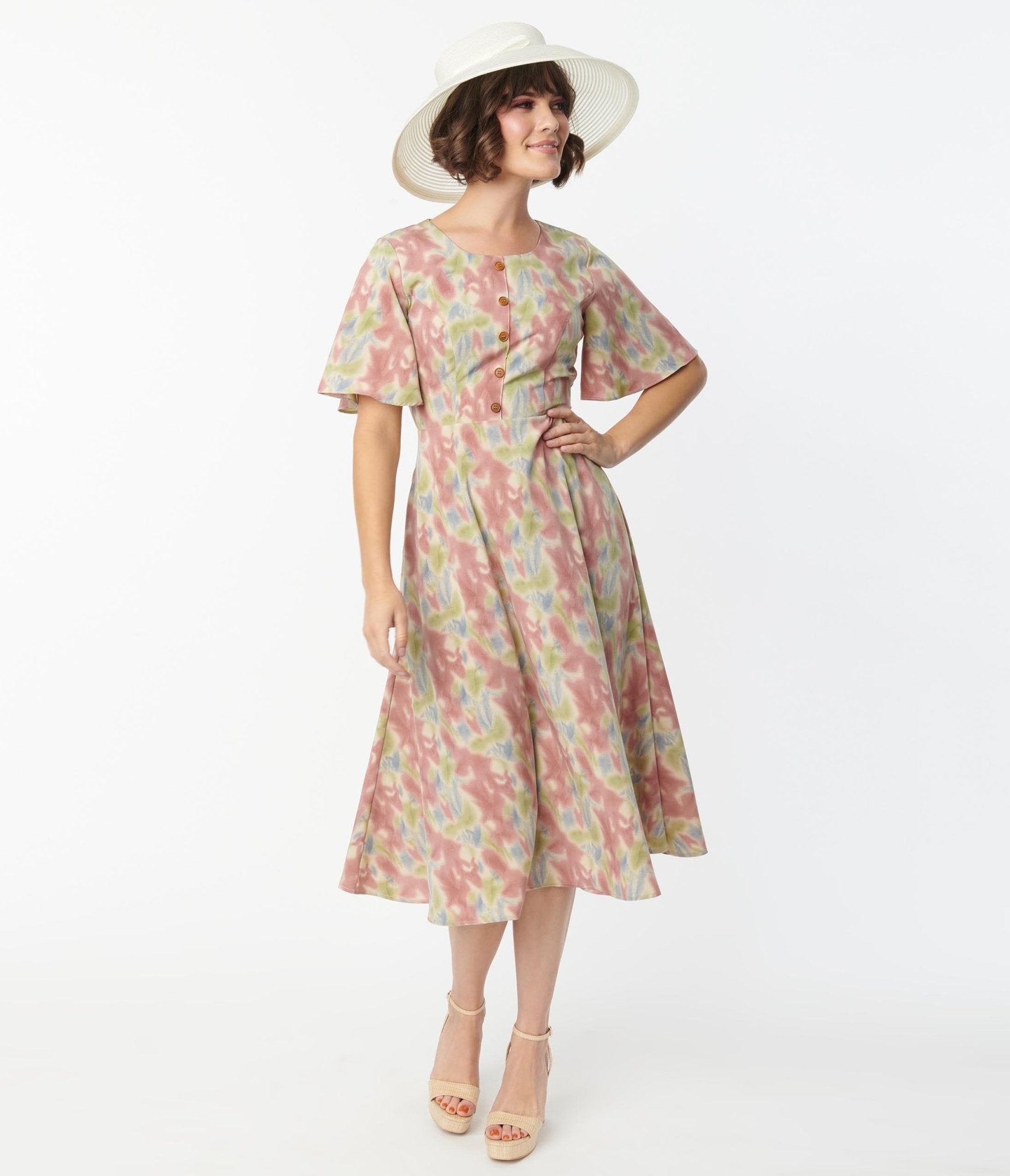 Stylish Pink & Blue Watercolor Print Midi Dress for Women | Flowy Summer Festival Outfit | Perfect for Beach Vacations, Music Festivals & Date Nights