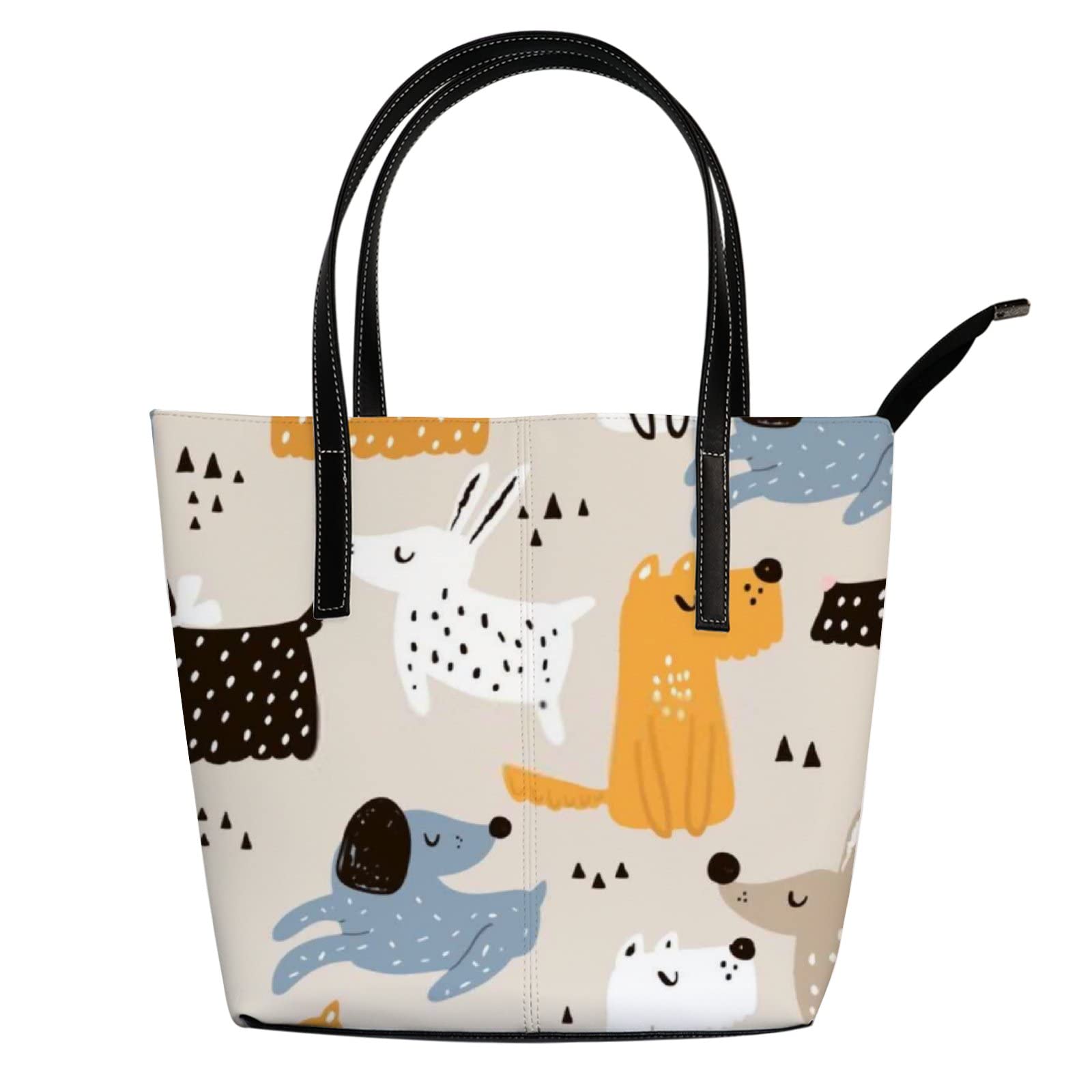Stylish Black and White Cartoon Kawaii Animal Print Tote Bag for Women - Leather Crossbody Work Bag with Zipper | Perfect for Office, Shopping & Travel Accessories