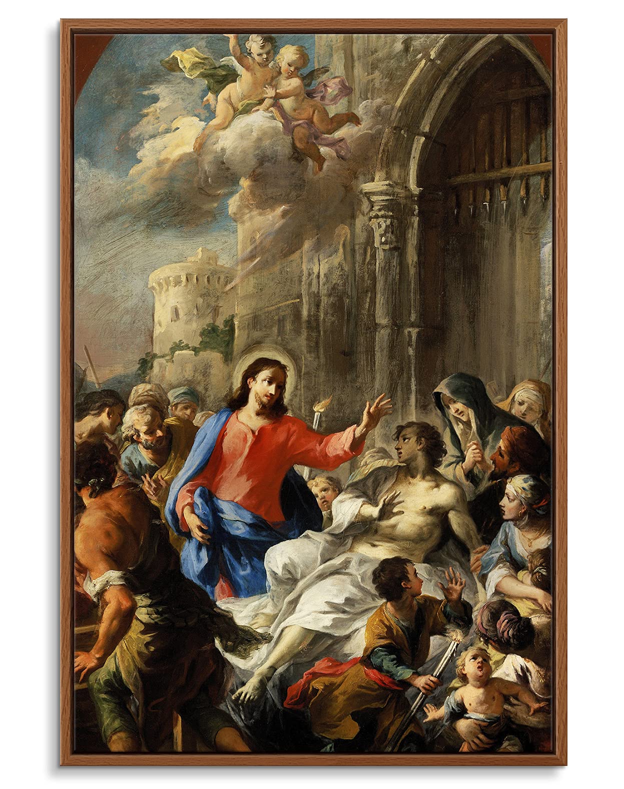 Floating Frame Canvas Print Wall Art - Raising of The Son of The Widow of Nain by Martino Altomonte - 16x24 Inches - Religious Home Decor, Living Room Art, Church Gift