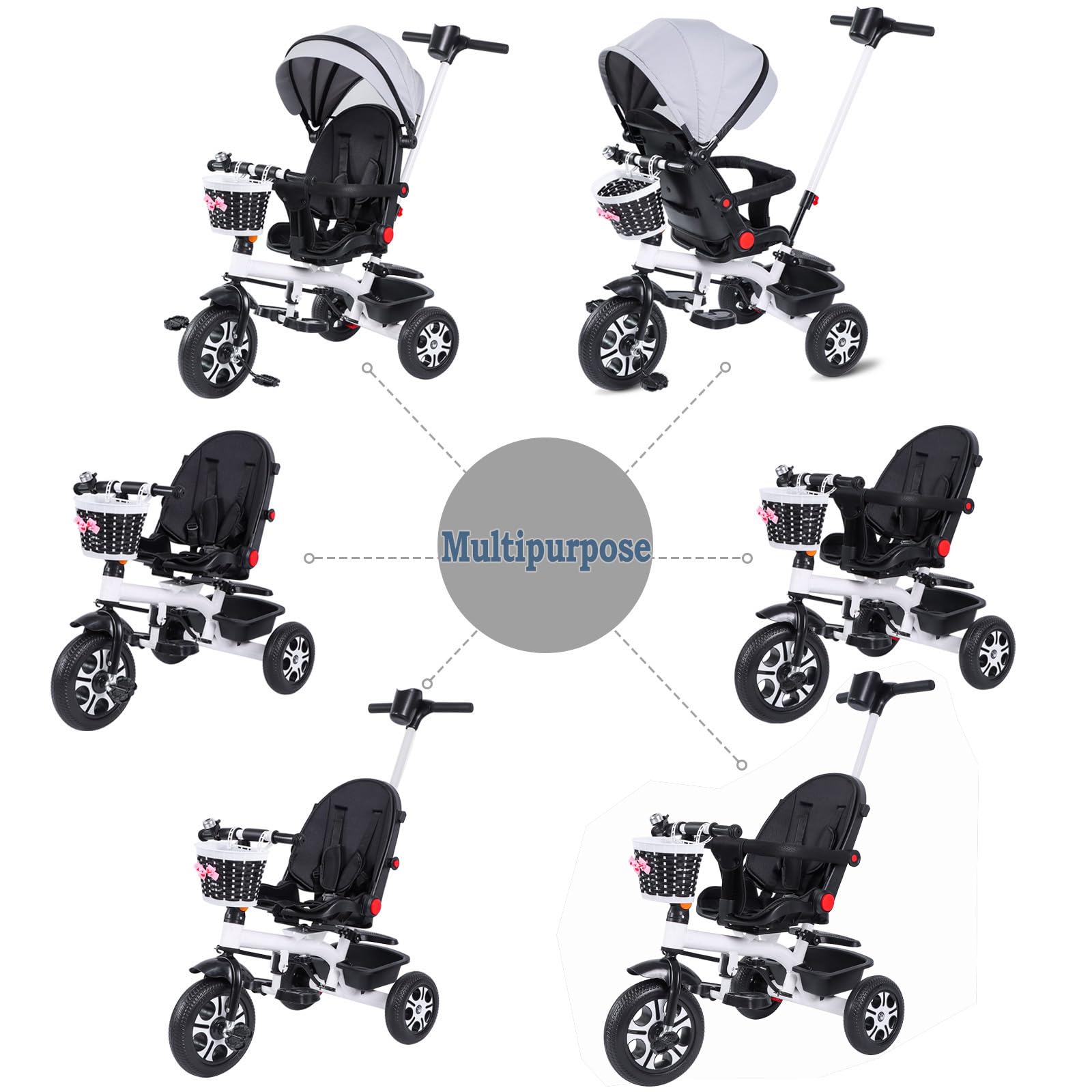 6-in-1 Baby Tricycle with Guardrail & Rotatable Seat - Adjustable Push Handle Stroller for Toddlers Boys & Girls - Perfect for Outdoor Play, Park Rides & Birthday Gifts