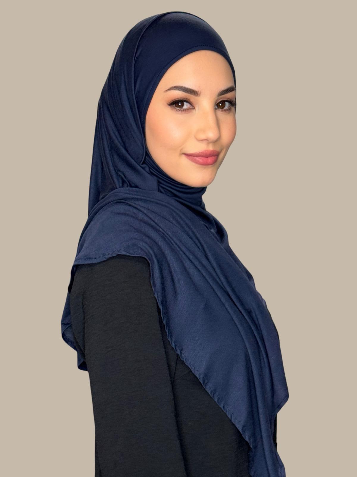 Premium Pre-Sewn Jersey Hijab Scarf - Soft & Comfortable Navy Blue Muslim Headscarf for Women - Perfect for Daily Wear, Work, and Prayer