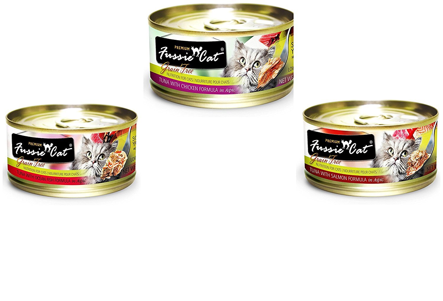 Fussie Cat Premium Grain-Free Wet Cat Food - 12 Pack Variety (Tuna Chicken, Tuna Salmon, Ocean Fish) 2.82oz Cans - High Protein, Natural Ingredients for Adult & Senior Cats - Perfect for Mealtime, Travel & Picky Eaters