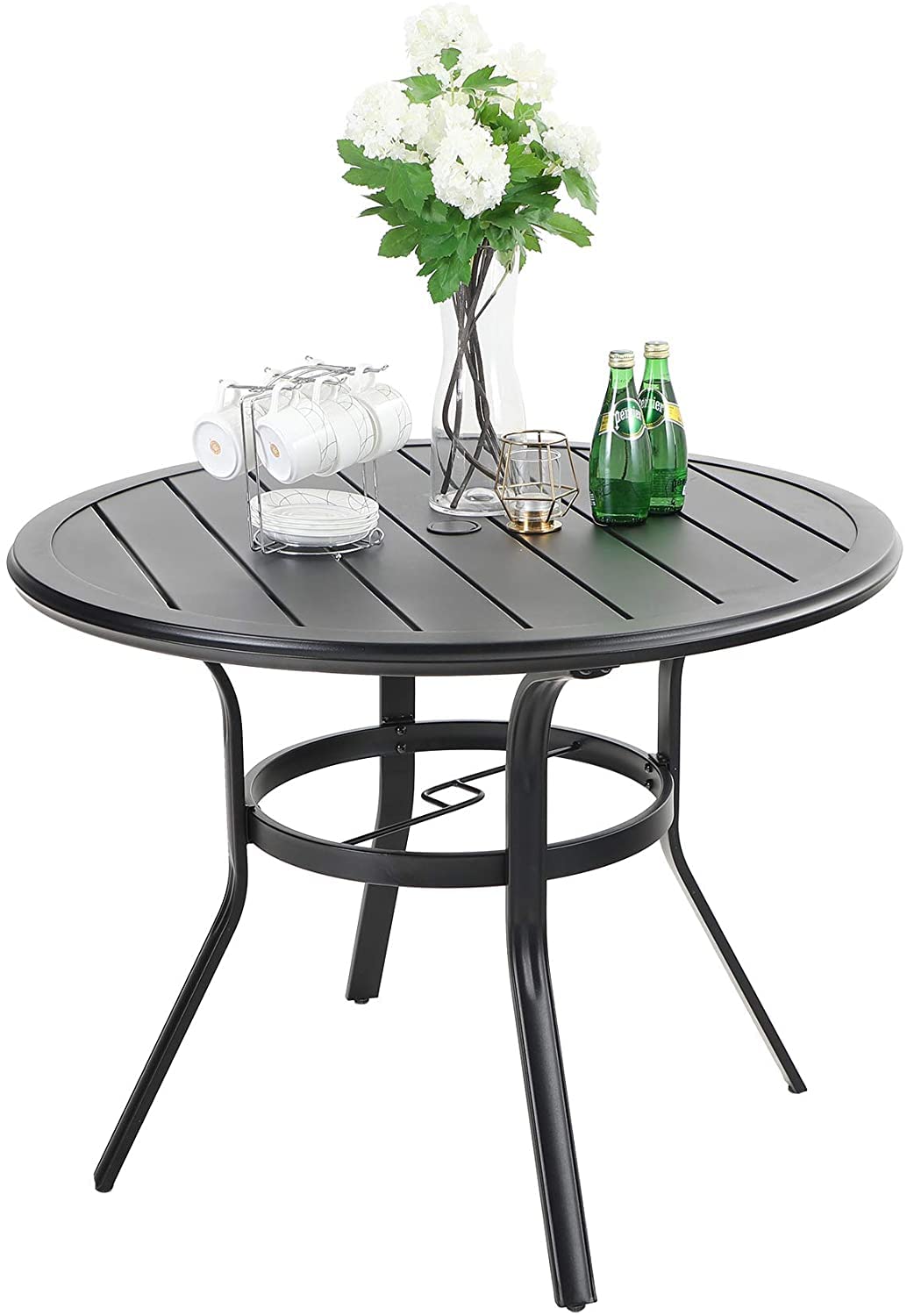 MFSTUDIO 38 Inch Outdoor Dining Table with Adjustable Umbrella Hole - All-Weather Metal Round Patio Table for Backyard, Garden, Lawn - Perfect for Outdoor Entertaining, BBQ Parties & Poolside Dining