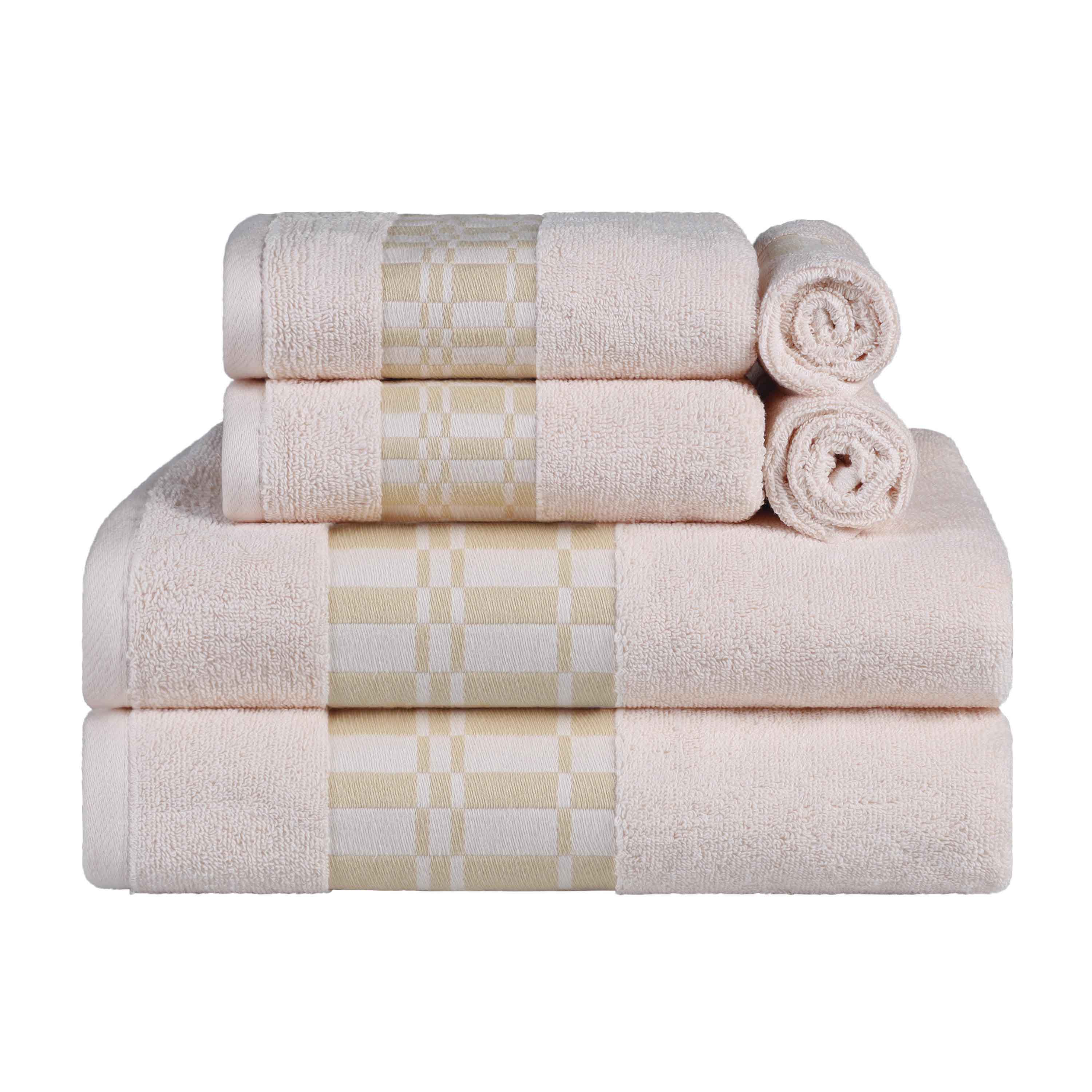 Larissa Cotton Geometric Embroidered Border 6-Piece Bath Towel Set | Soft & Absorbent Luxury Towels for Bathroom, Spa & Guest Use