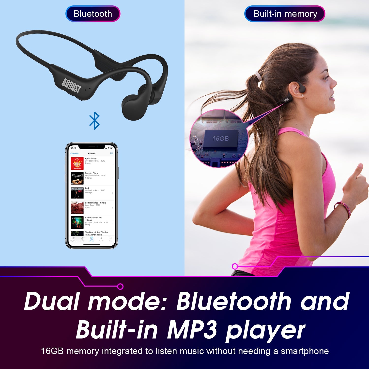 Refurbished August EP400 Bone Conduction Bluetooth Headphones with 16GB MP3 Player | IP67 Waterproof | Perfect for Running, Cycling & Outdoor Sports