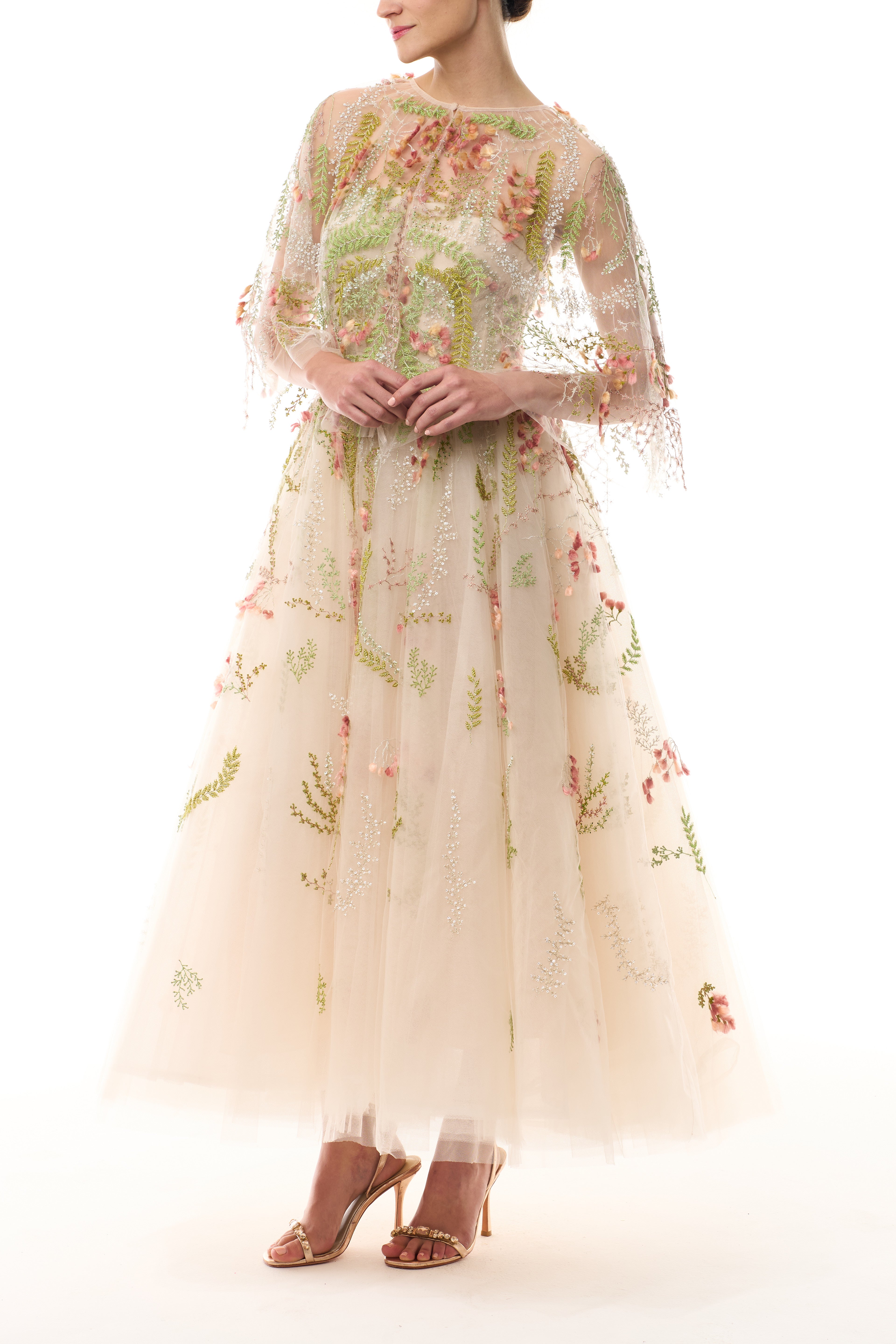 Elegant Embroidered Tulle Tea Length Dress for Women - Perfect for Weddings, Parties & Special Occasions