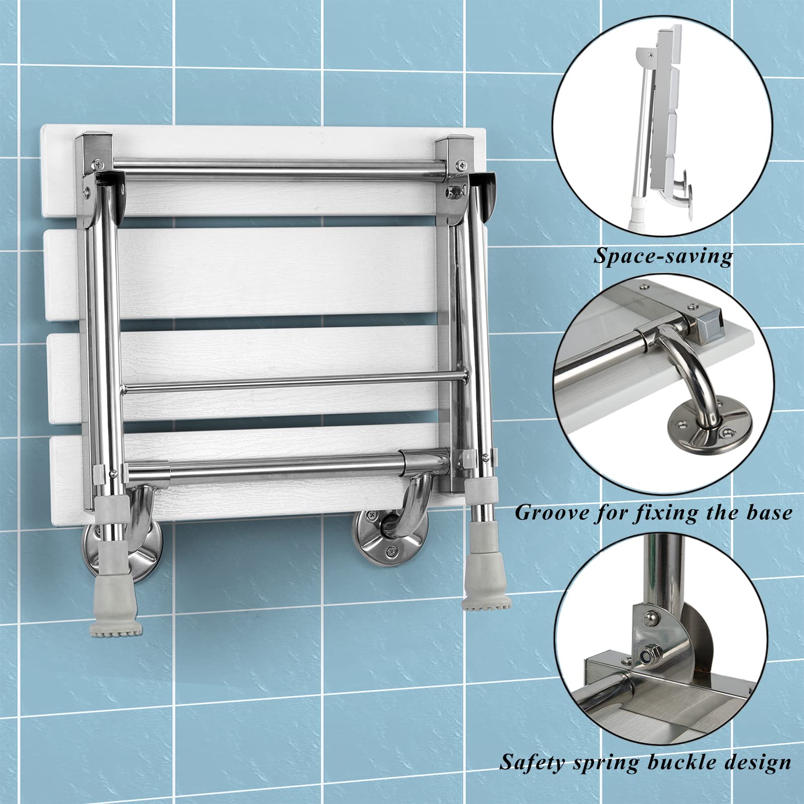 Foldable Wall Mounted Shower Seat with Adjustable Legs - Waterproof Wooden Shower Bench for Seniors & Small Spaces | Perfect for Bathroom Safety & Compact Shower Areas
