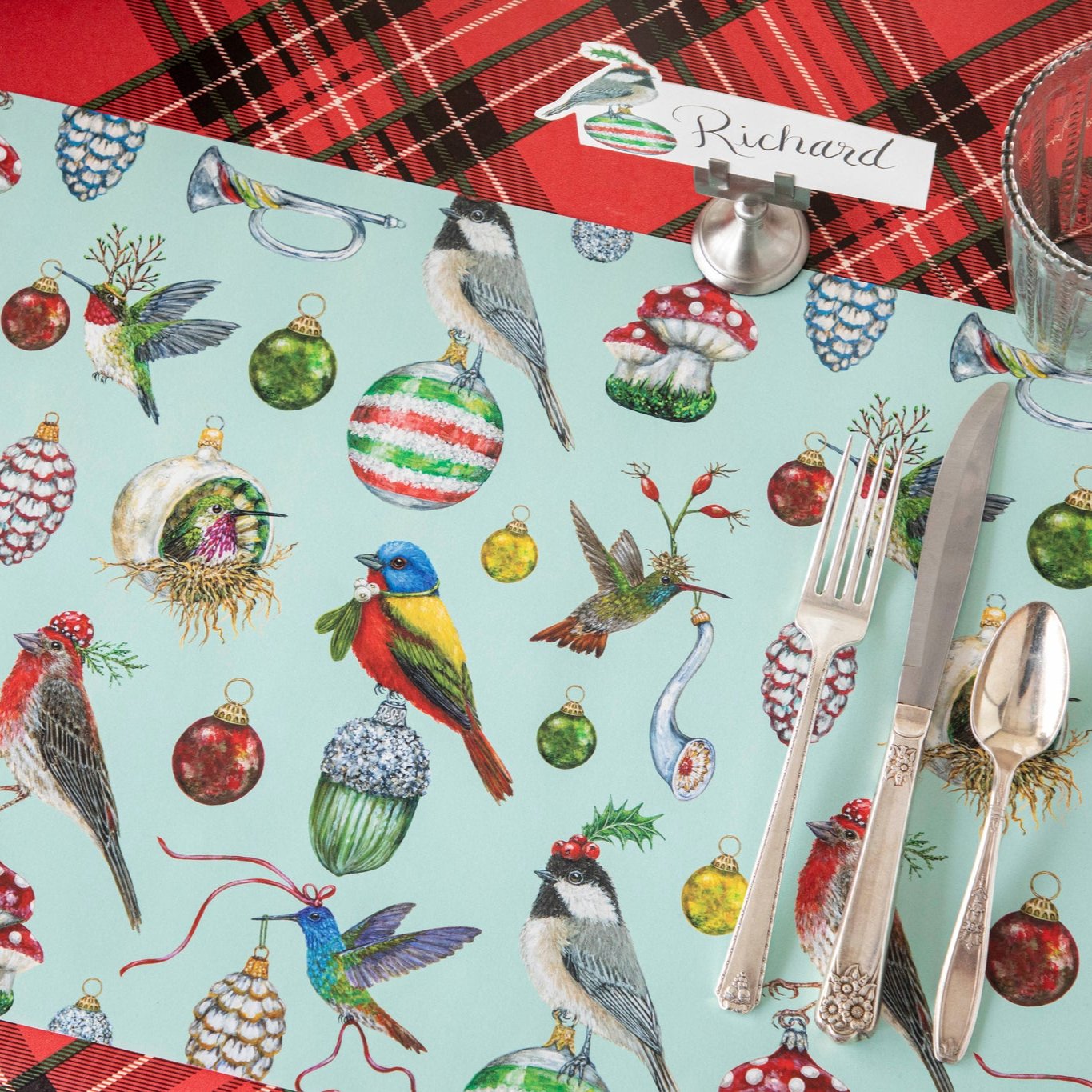 Baubles and Birds Decorative Placemats Set of 4 - Elegant Table Mats for Dining, Kitchen, and Home Decor - Perfect for Holiday Dinners, Parties, and Everyday Use