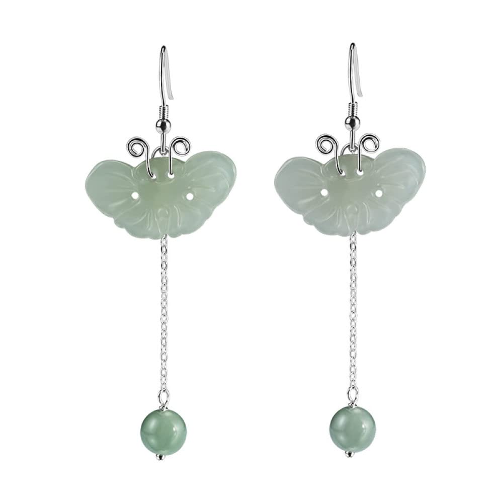 925 Sterling Silver Long Dangle Earrings for Women - Vintage Butterfly Round Hetian Jade Beads with Tassel Chain, Elegant Hook Earrings (Gift Box Included) - Perfect for Weddings, Parties & Special Occasions