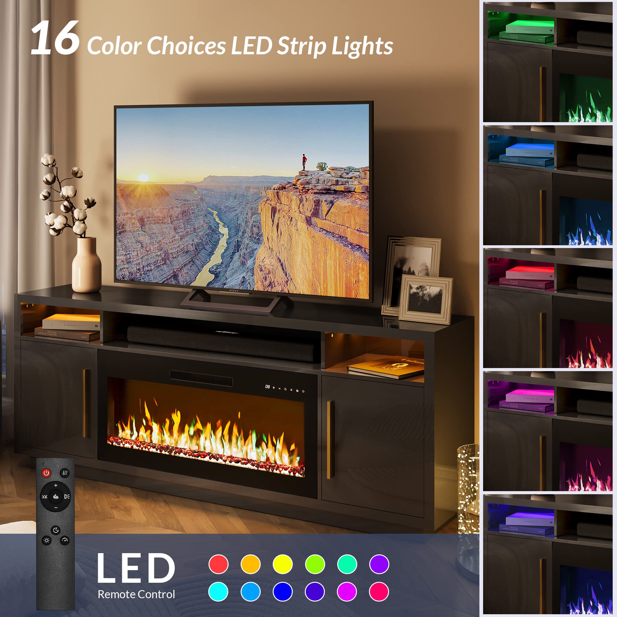 BELLEZE 70 Inch Fireplace TV Stand for 80 Inch TVs, LED Light Entertainment Center with 36 Inch Electric Fireplace Heater, Storage Cabinet, Media Console Table for Living Room - Avenue (Black) | Perfect for Home Theater Setup & Cozy Winter Nights
