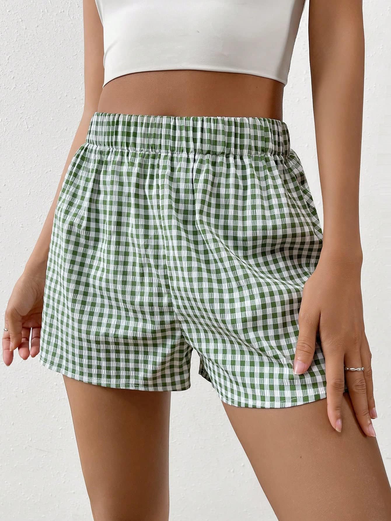 THAYLA Women's Summer Shorts - Gingham Print Elastic Waist Shorts for Casual Wear, Beach, and Outdoor Activities
